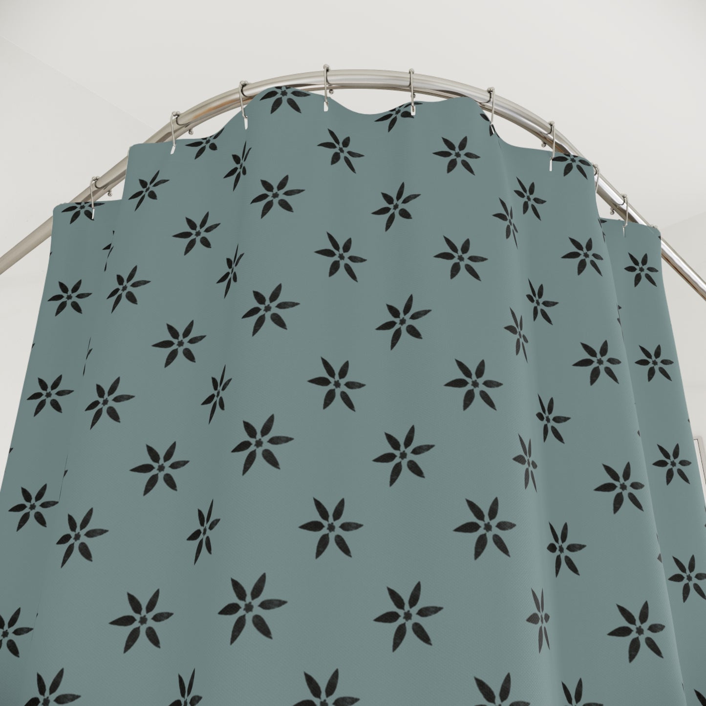 Black Flower Stencil on Ocean Shower Curtains