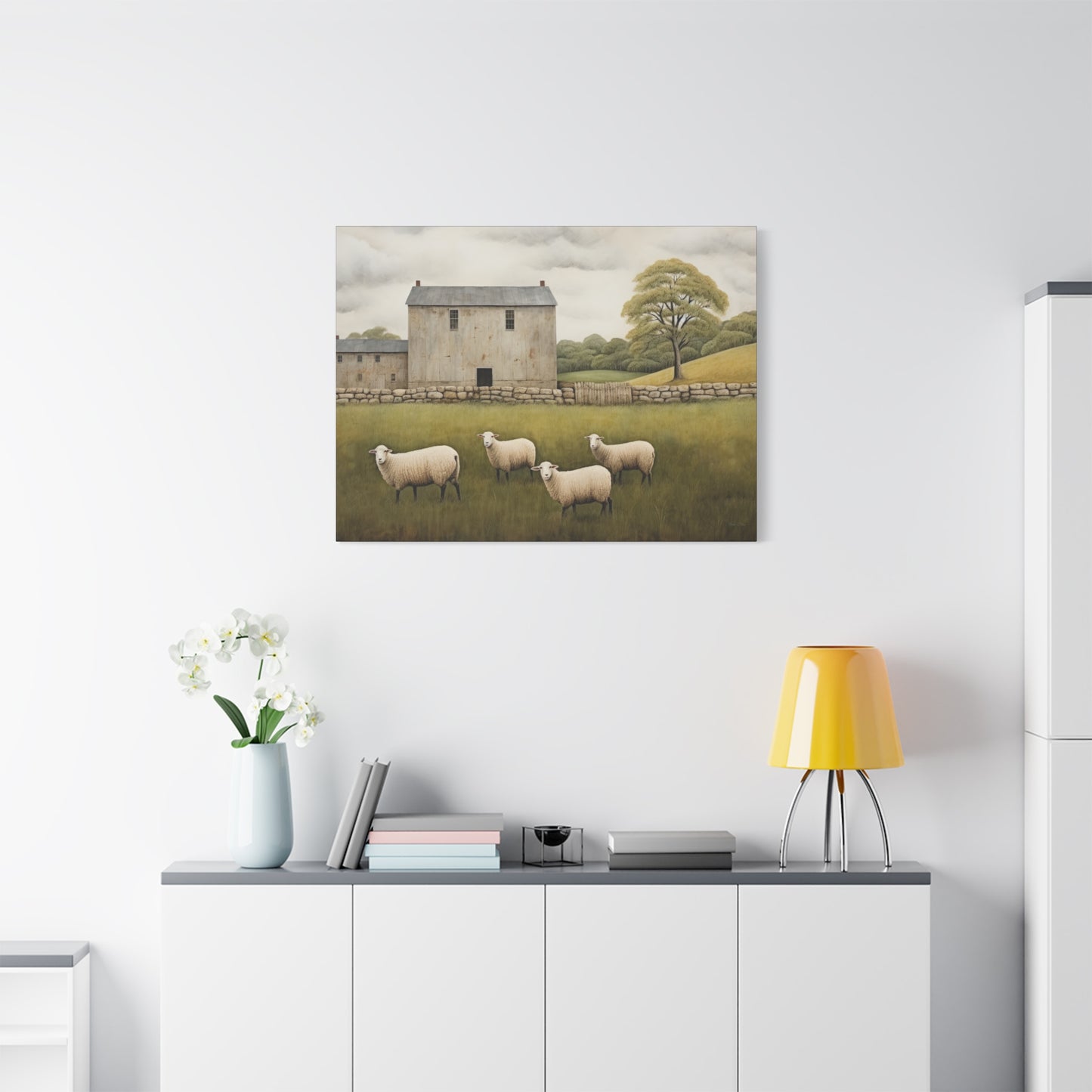Rustic Farmhouse Canvas Wall Art with Sheep Landscape