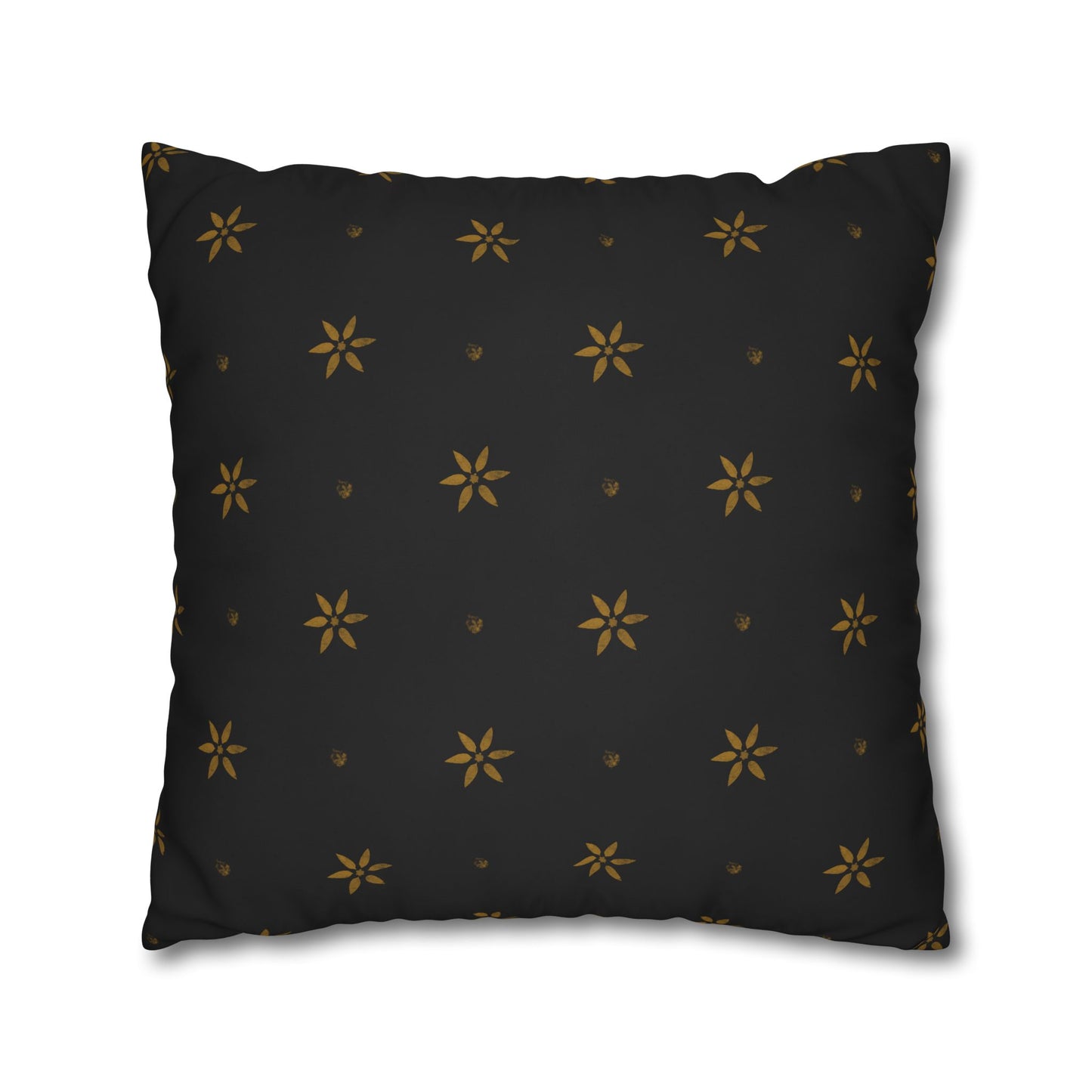 Stencilled Mustard Petals on Black Square Poly Canvas Pillowcase