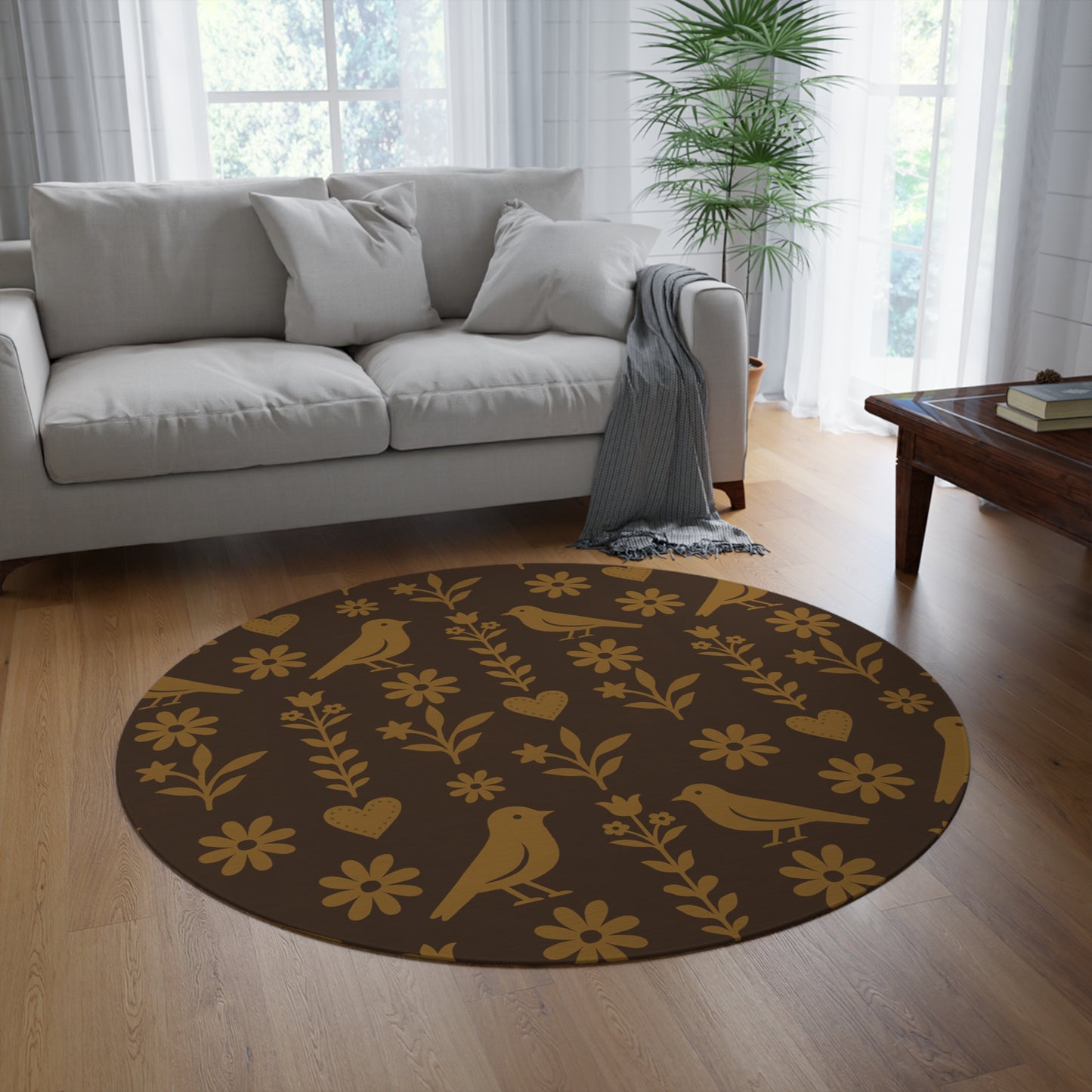 Rustic Round Rug - Boho Decor for Living Room, Bedroom, Floor Mat, Cozy Home, Bird & Floral Design