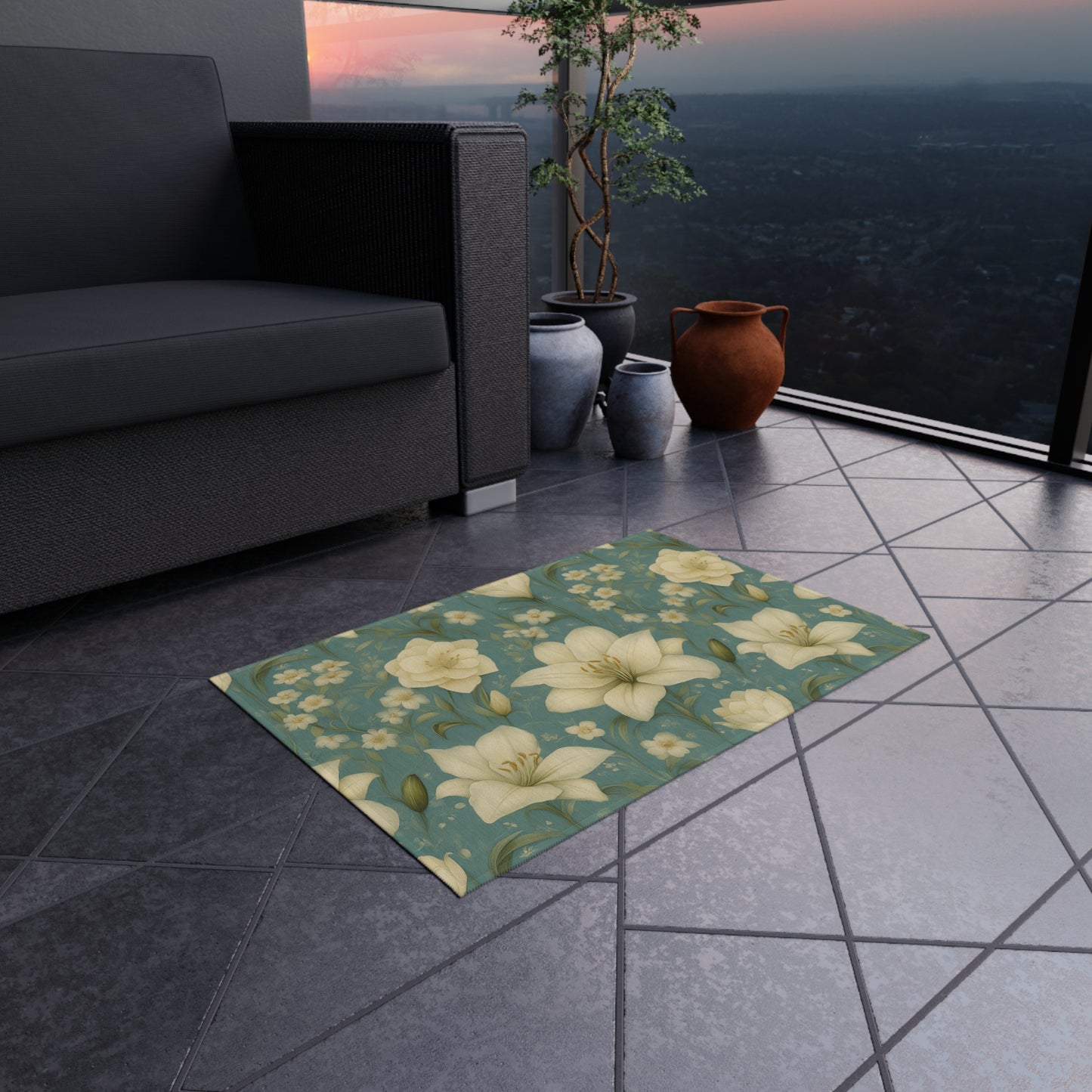 Floral Outdoor Rug for Patios, Boho Garden Mat, Elegant Floor Covering, Spring Decor, Cozy Outdoor Living