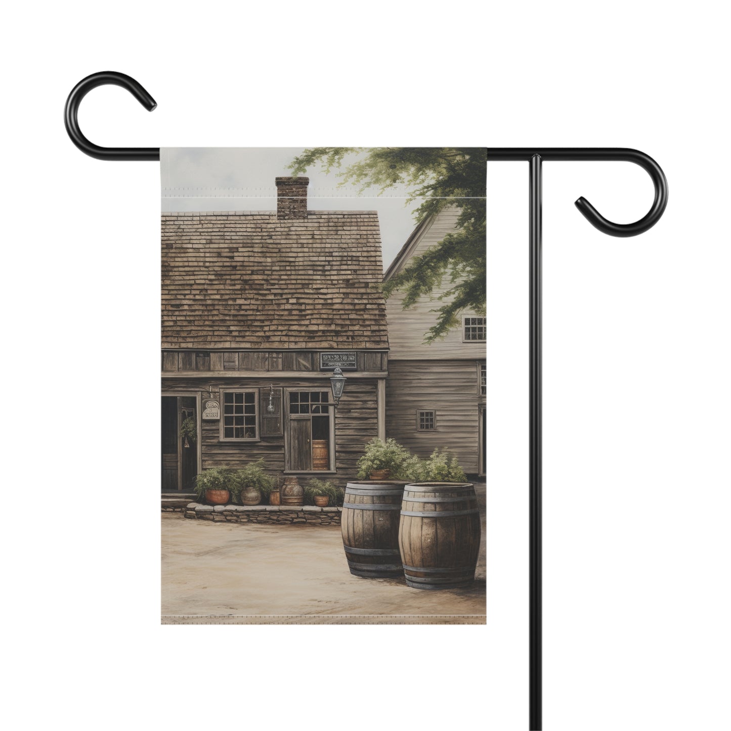 Barrels by an Old Village Garden & House Banner