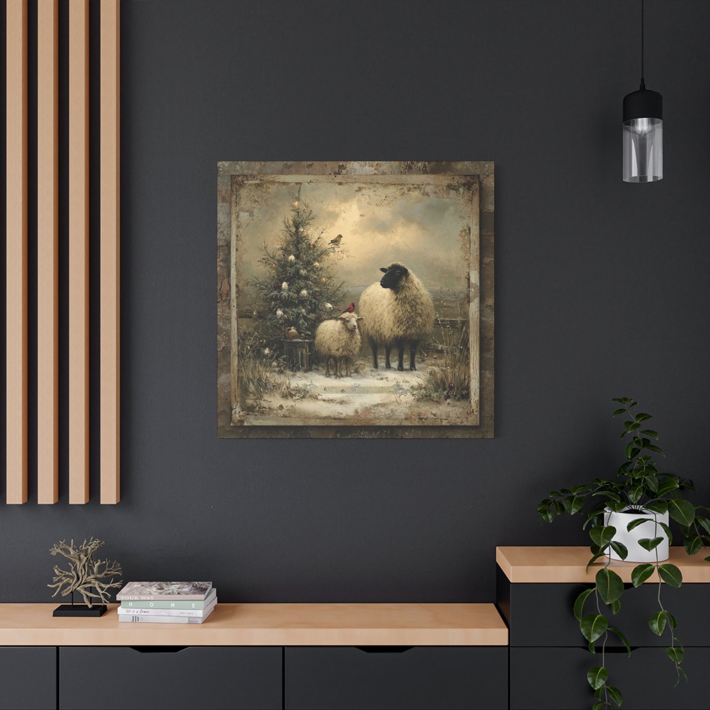 Rustic Sheep Art Canvas Print, Farmhouse Decor, Holiday Wall Art, Cozy Home Vibe, Christmas Sheep Painting, Farmhouse Wall Art