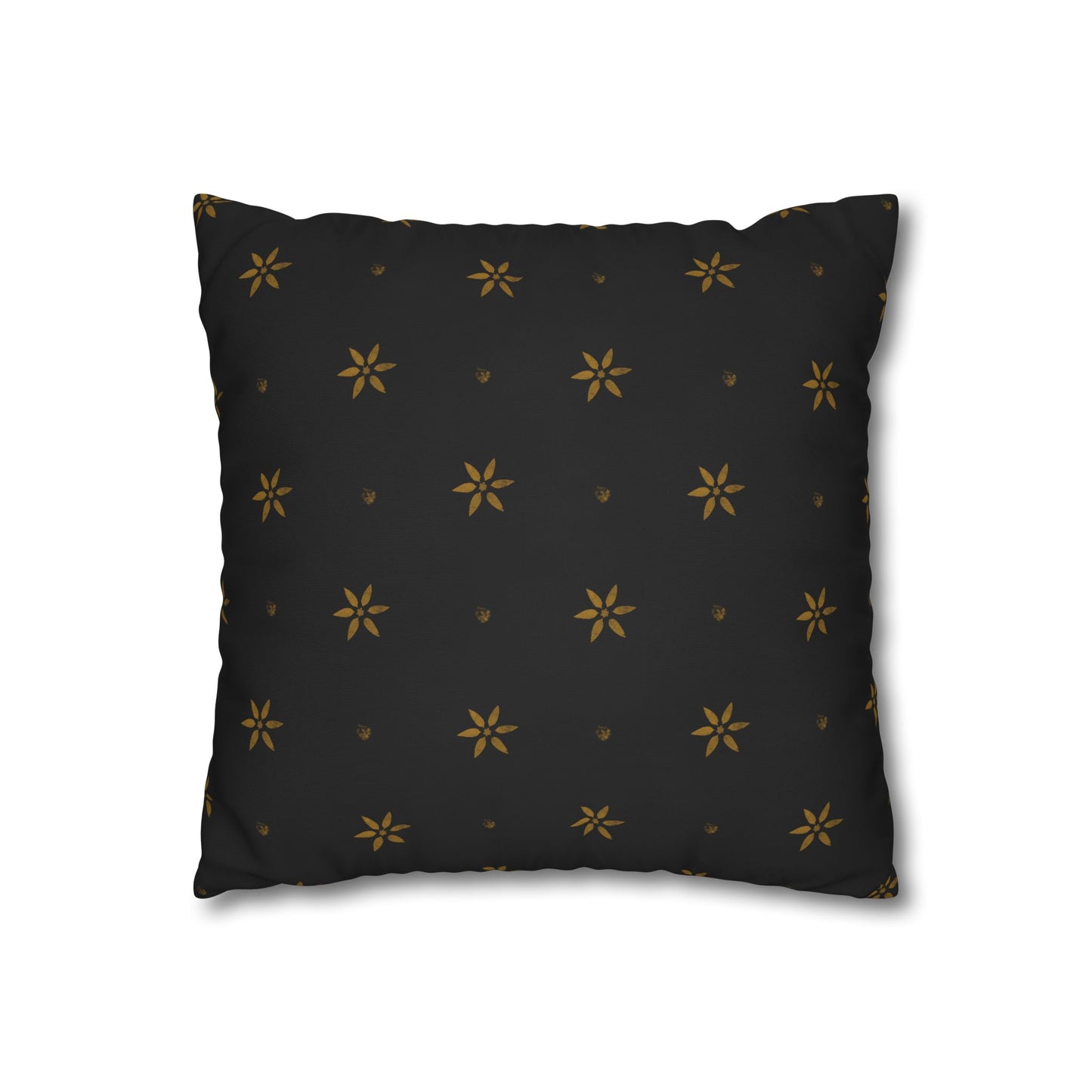 Stencilled Mustard Petals on Black Square Poly Canvas Pillowcase