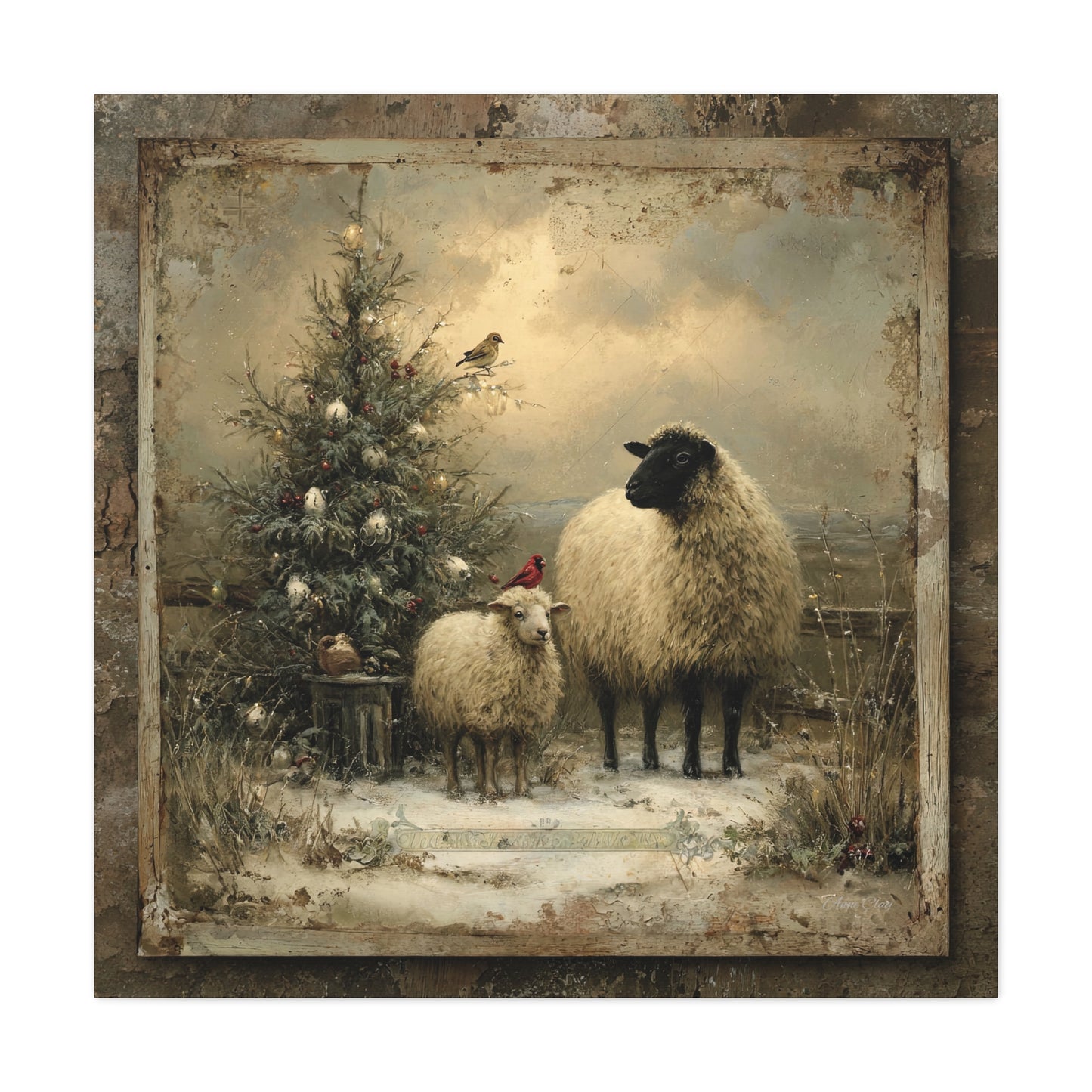 Rustic Sheep Art Canvas Print, Farmhouse Decor, Holiday Wall Art, Cozy Home Vibe, Christmas Sheep Painting, Farmhouse Wall Art