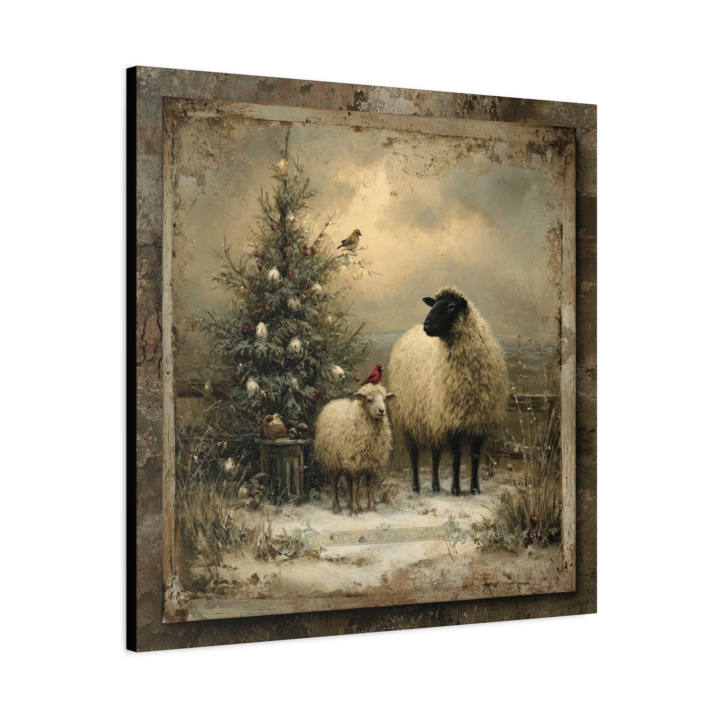 Rustic Sheep Art Canvas Print, Farmhouse Decor, Holiday Wall Art, Cozy Home Vibe, Christmas Sheep Painting, Farmhouse Wall Art