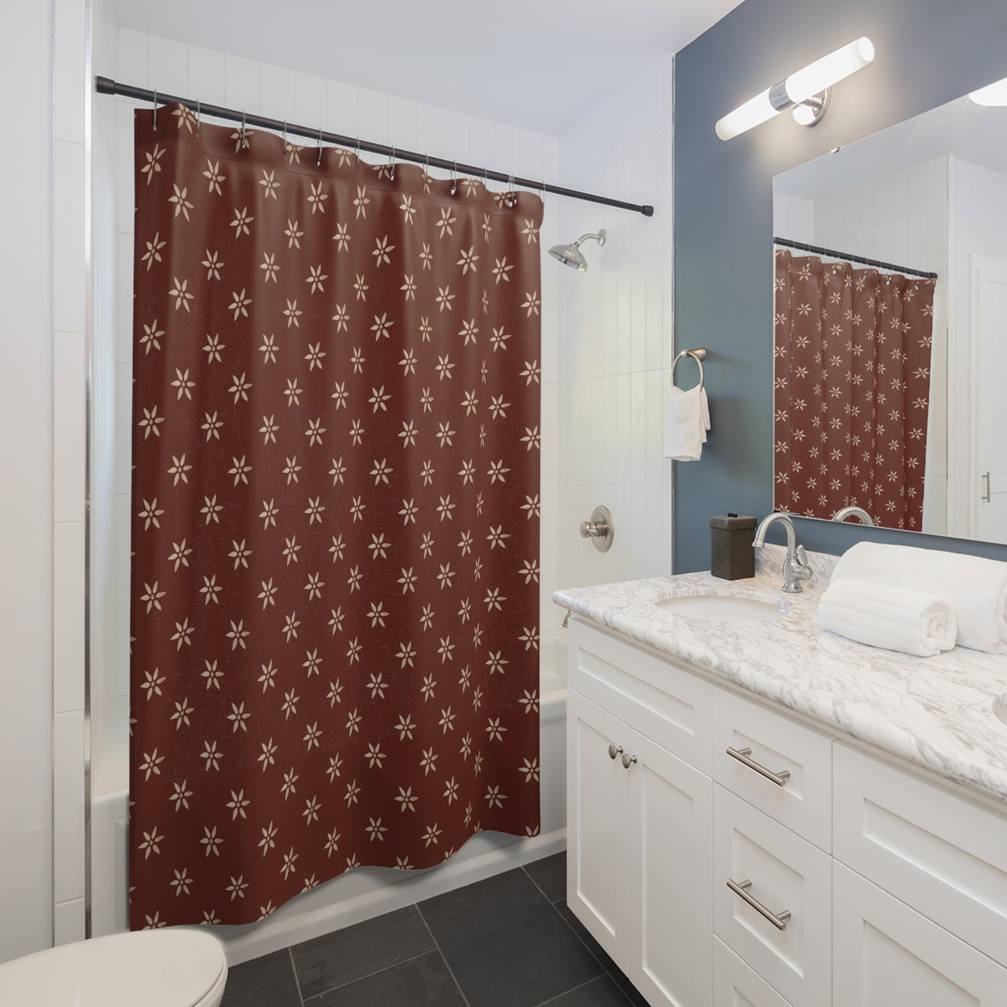 Cream Flower Stencil on Brick Red Shower Curtains
