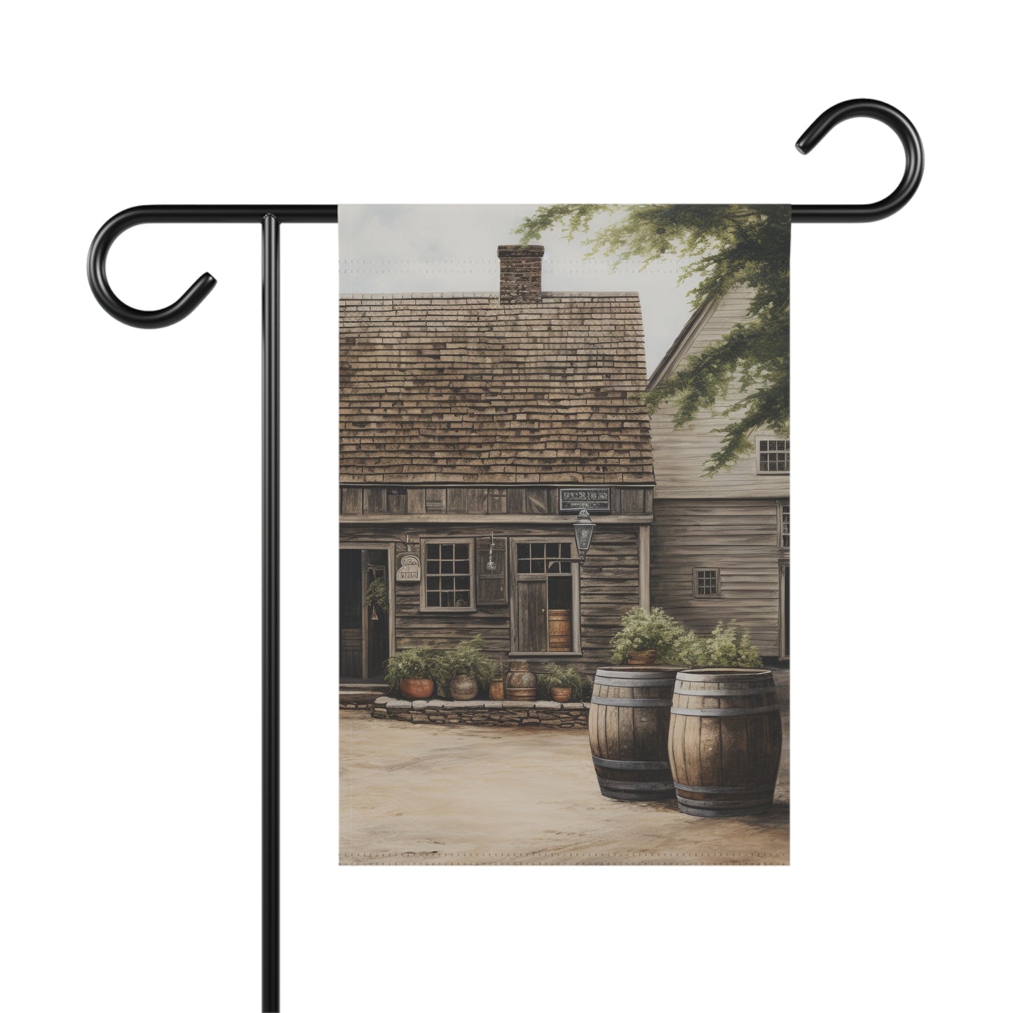 Barrels by an Old Village Garden & House Banner