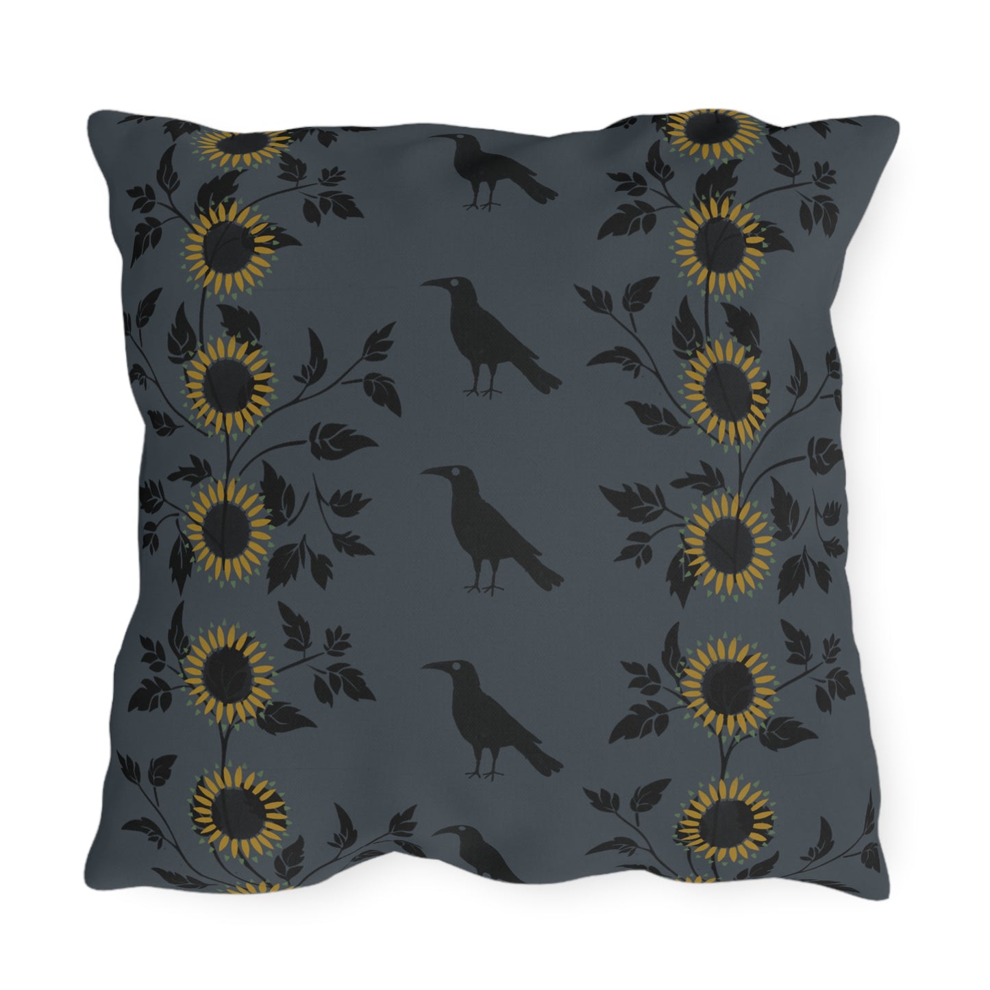 Sunflowers and Crows on Blue Outdoor Pillows