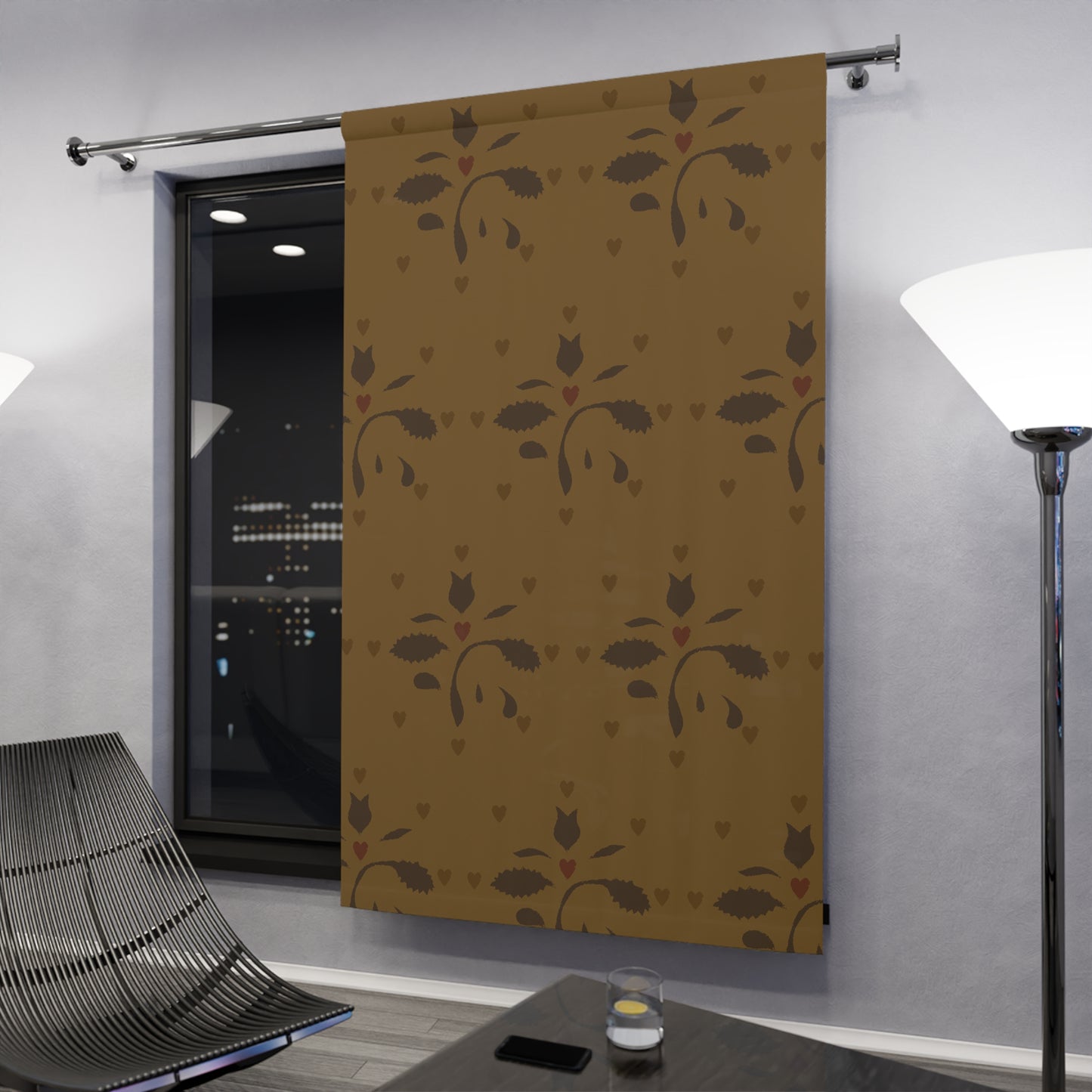 Early American Stencil Shades of Brown and Gold Elegant Floral Window Curtain – Brown Botanical Design