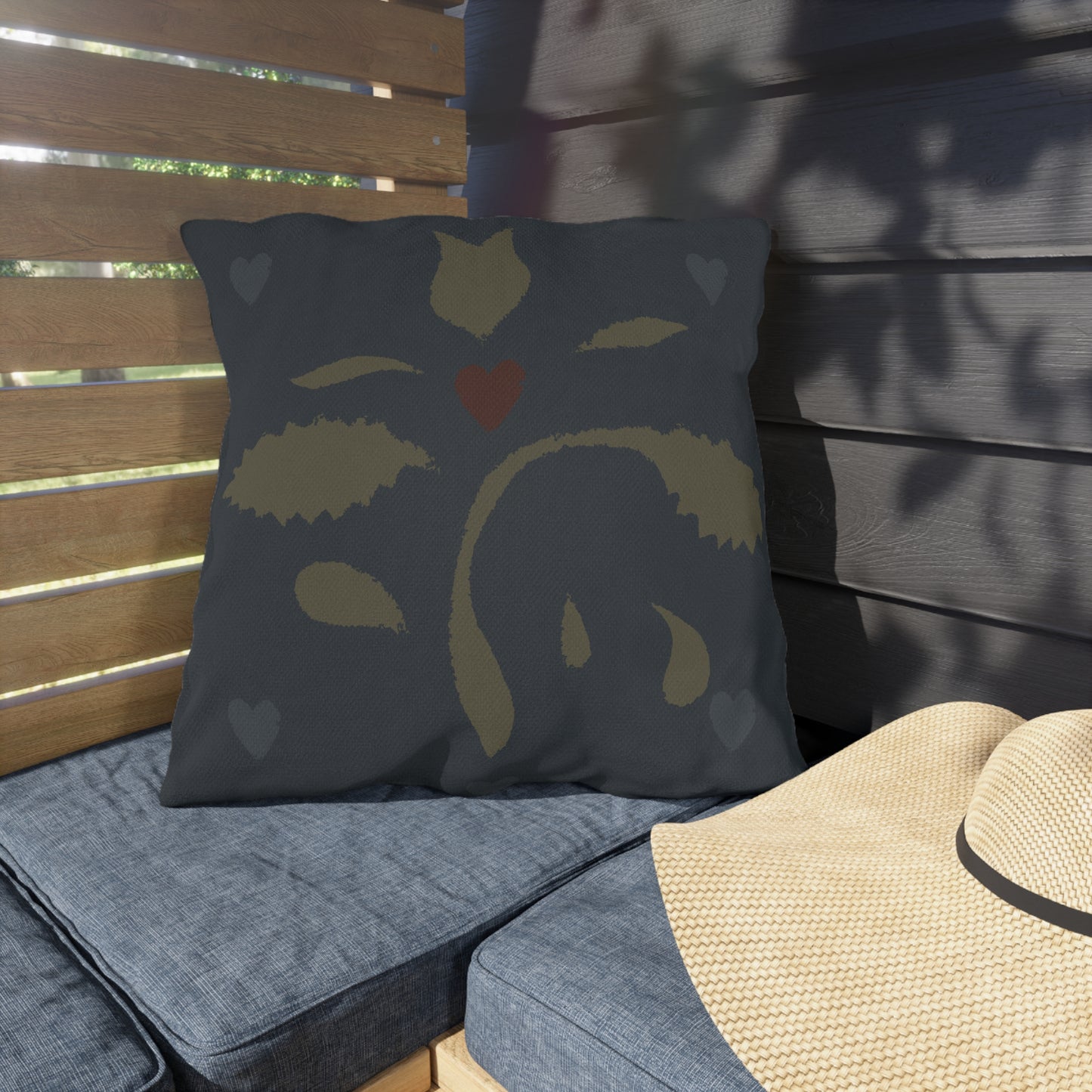 Leaves and Hearts on Blue Early American Stencil Outdoor Pillows