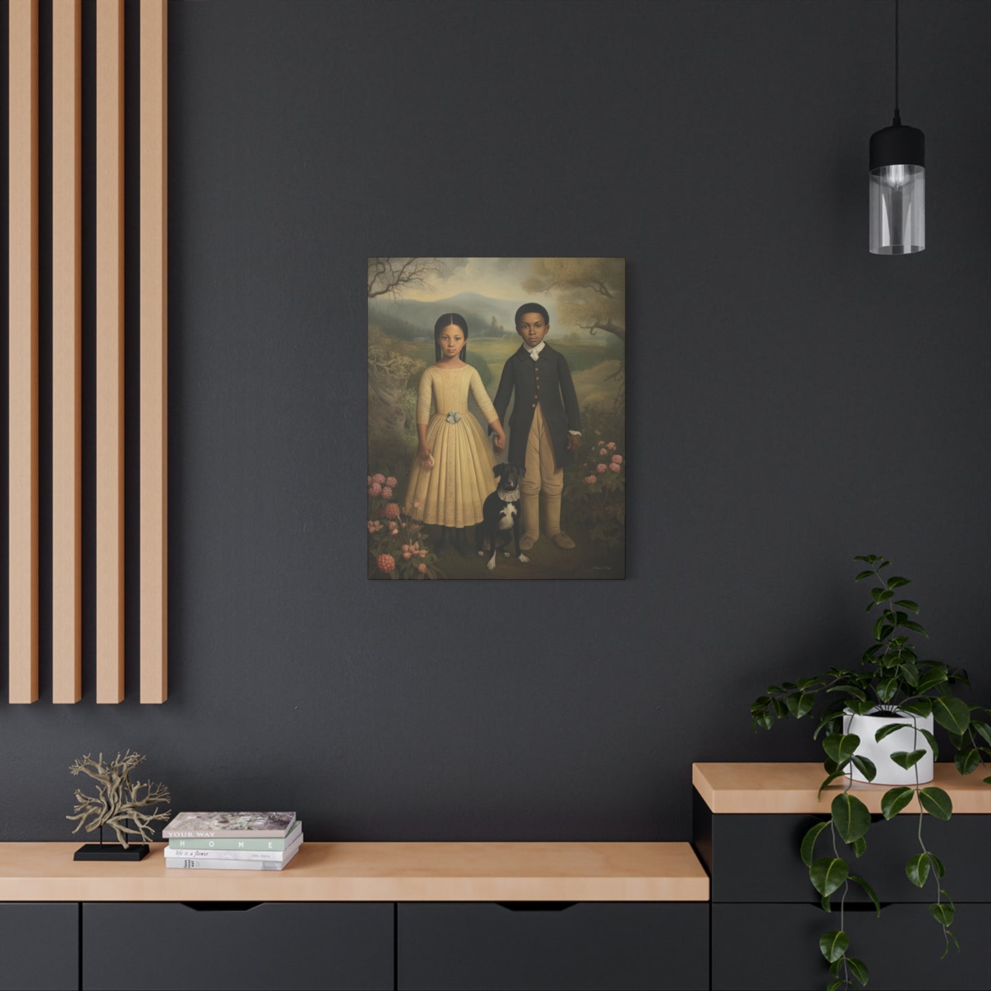 The Twins: Artistic Stretched Canvas Print - Vintage Children and Dog Portrait
