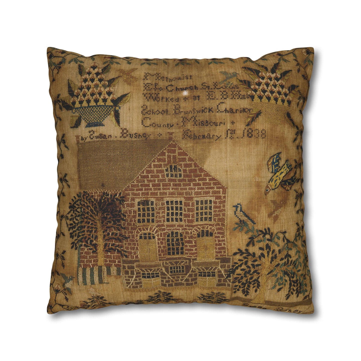 Vintage-Inspired Square Poly Canvas Pillowcase - Rustic Home Decor with Historic Schoolhouse Design