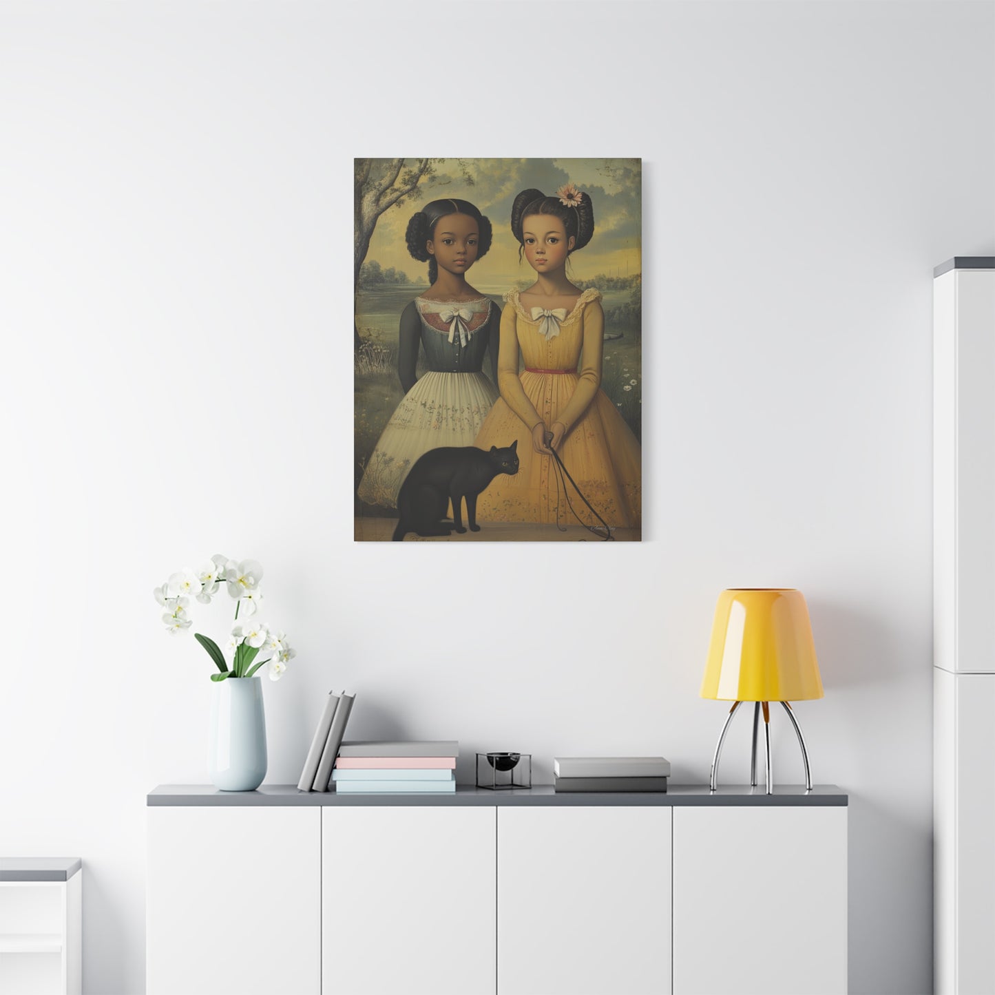 Canvas Wall Art, Timeless Sisters and Black Cat Portrait, Home Decor, Art Gift for Her, Vintage-Inspired Decoration