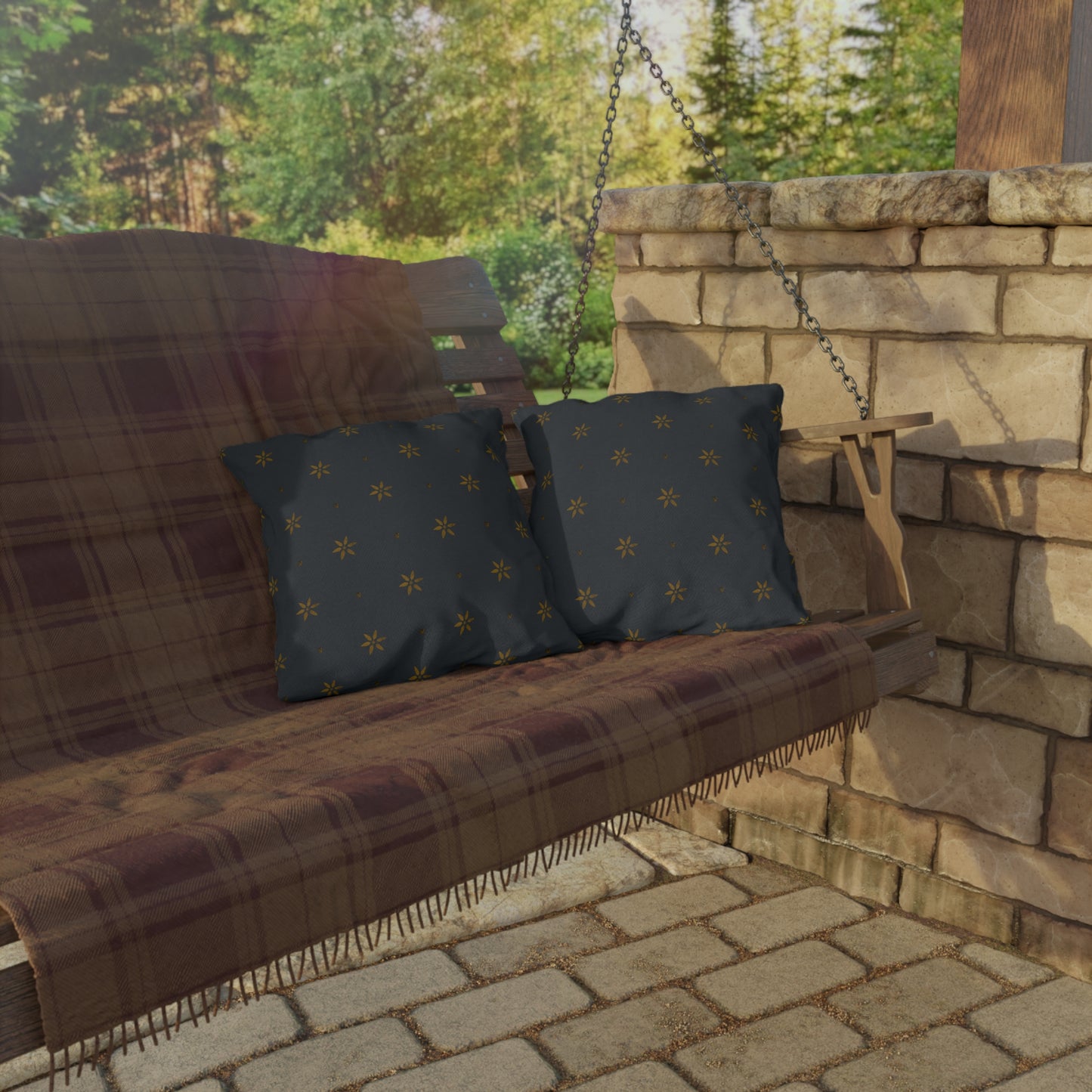 Early American Petal Stencil Mustard on Blue Outdoor Pillows