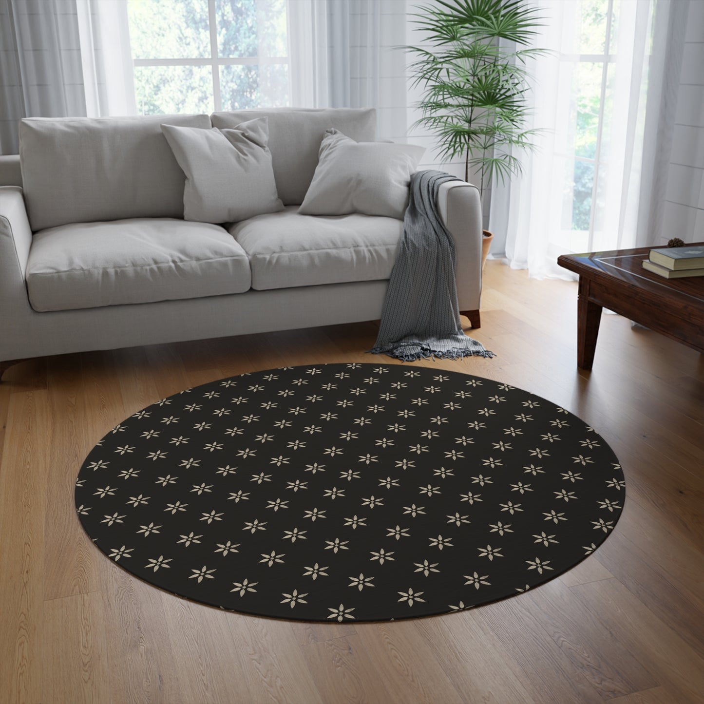 Early American Primitive Floral Round Rug - Black and Cream Home Decor