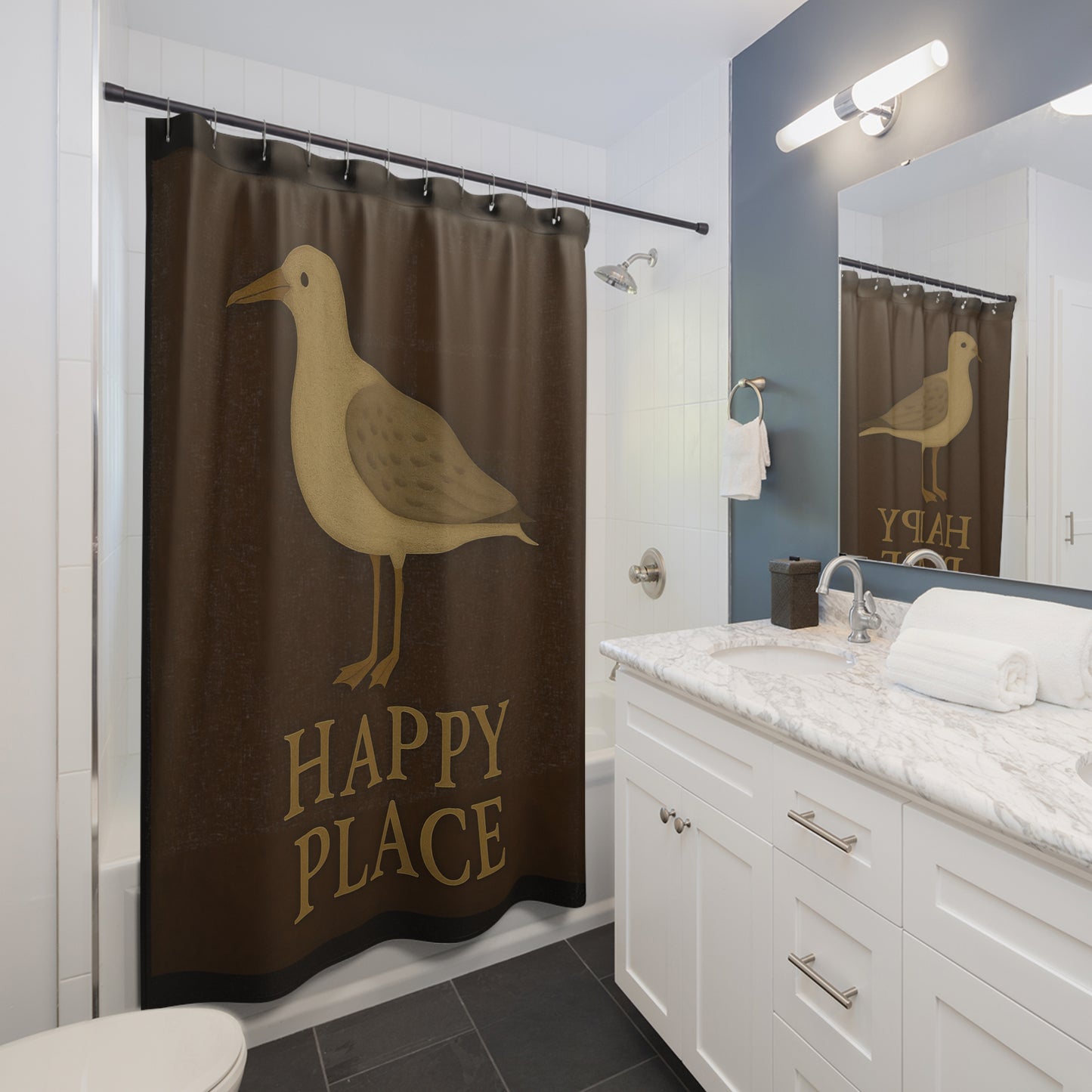 Cozy Shower Curtain with Bird Design - Happy Place Vibe, Bathroom Décor, Gift for Home, Rustic Style, Nature Lovers