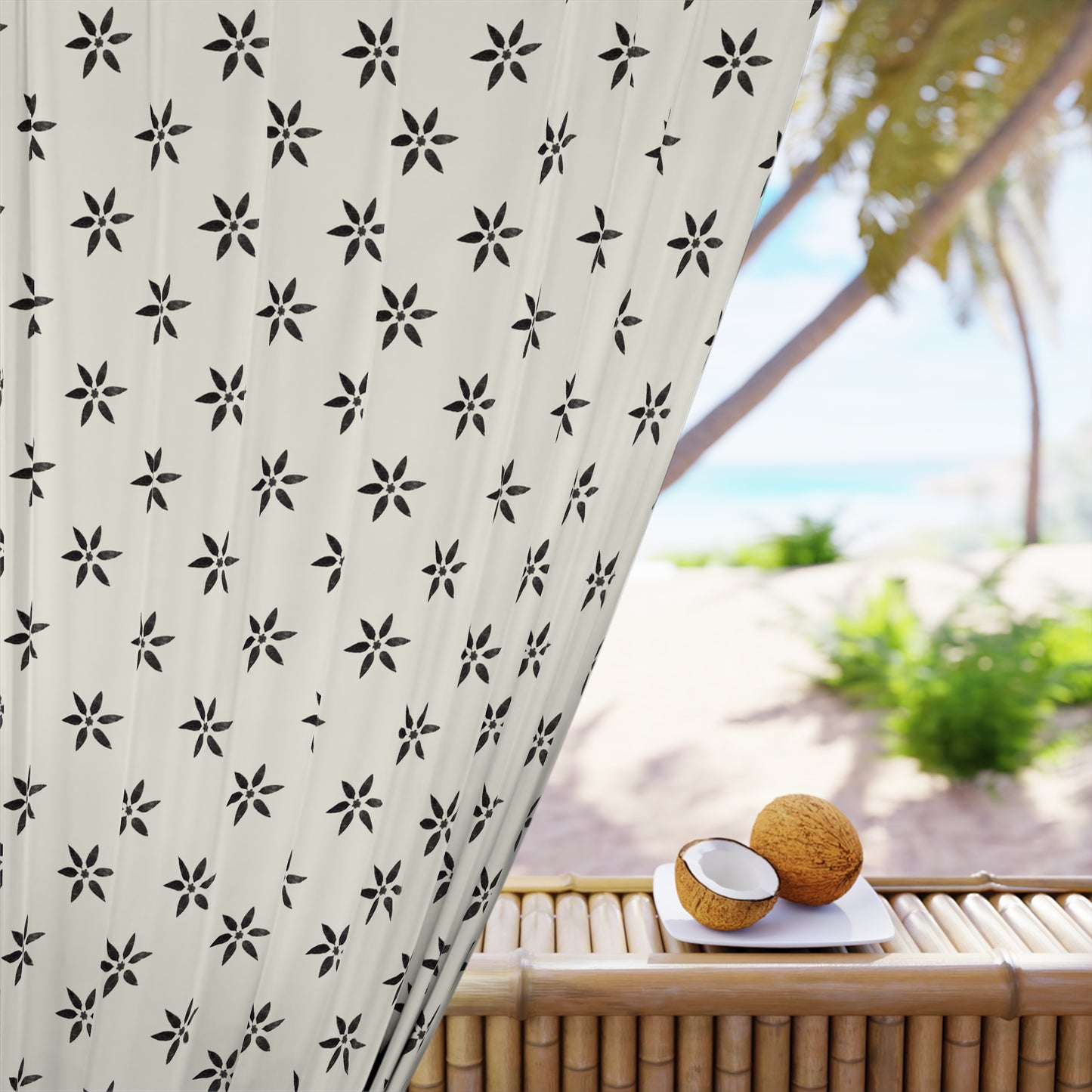 Off White/Cream and Black Stencil Window Curtains (1 Piece)