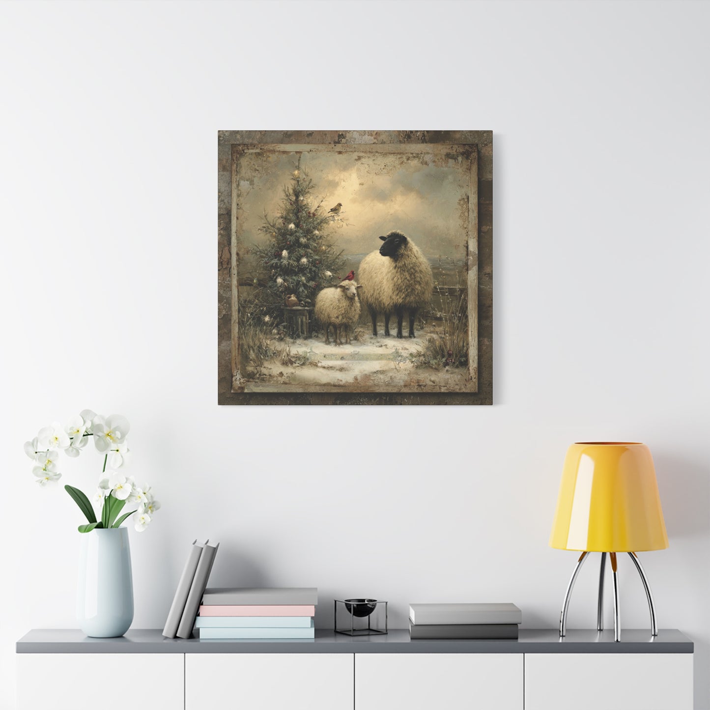 Rustic Sheep Art Canvas Print, Farmhouse Decor, Holiday Wall Art, Cozy Home Vibe, Christmas Sheep Painting, Farmhouse Wall Art
