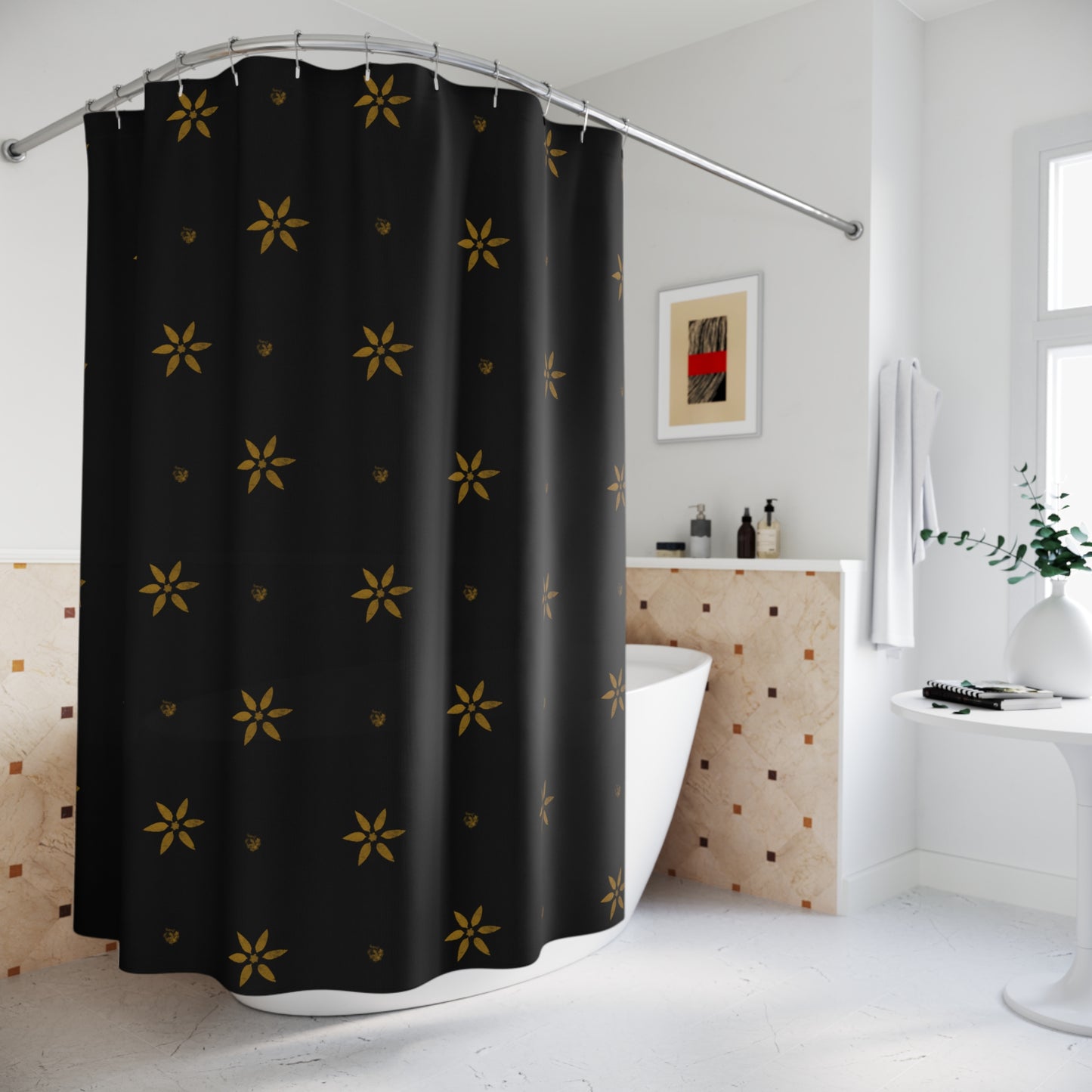 Stenciled Mustard Petals on Black Shower Curtains