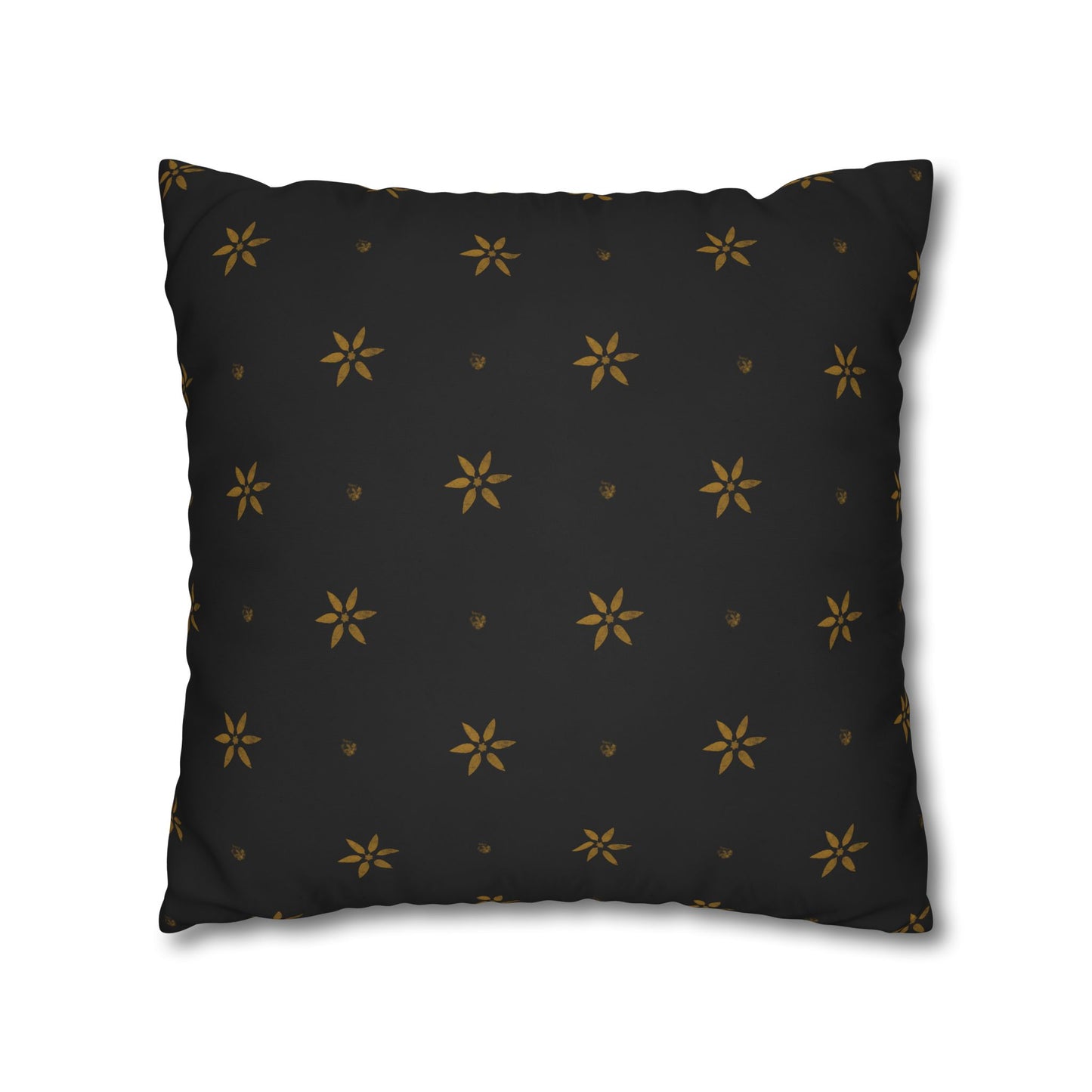 Stencilled Mustard Petals on Black Square Poly Canvas Pillowcase