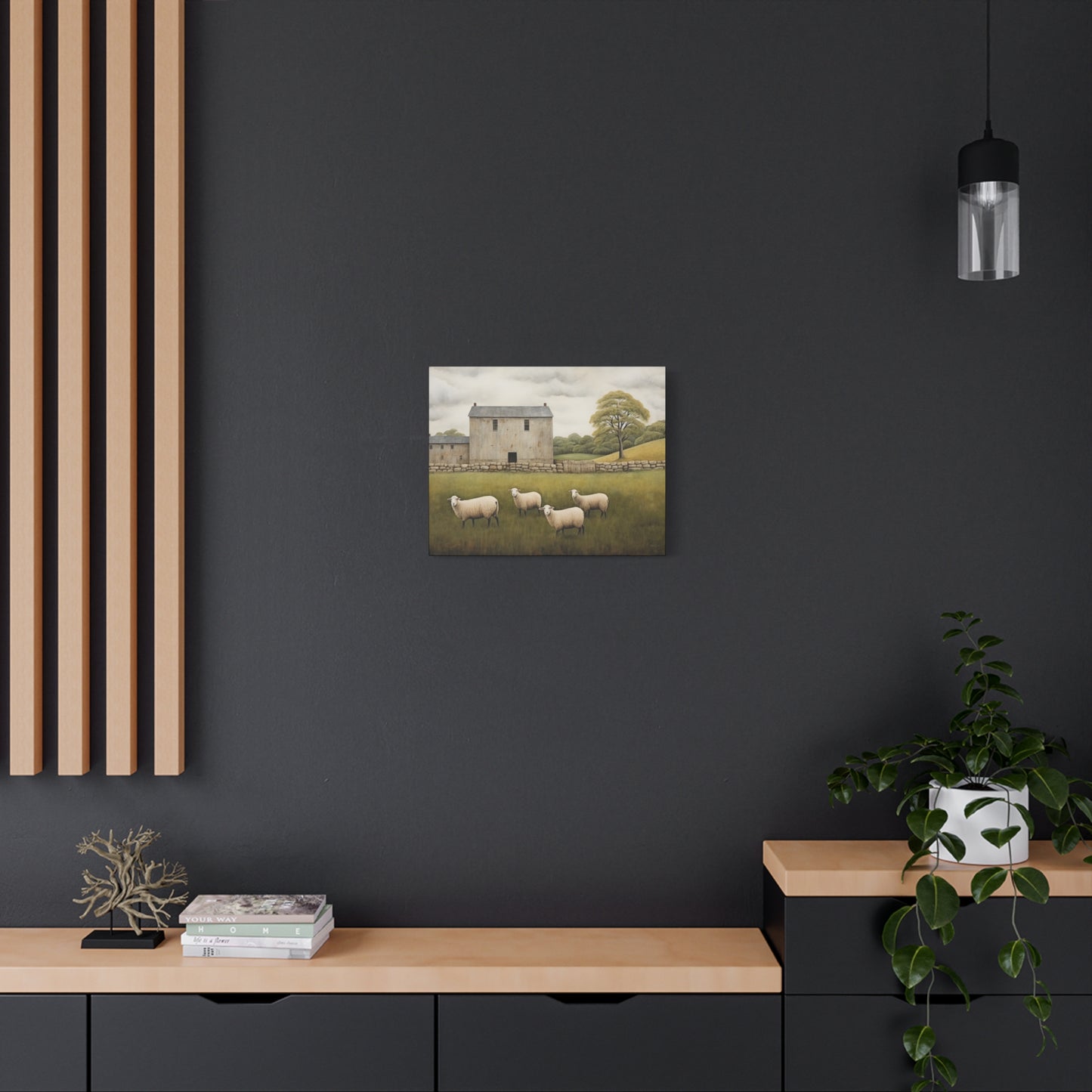 Rustic Farmhouse Canvas Wall Art with Sheep Landscape