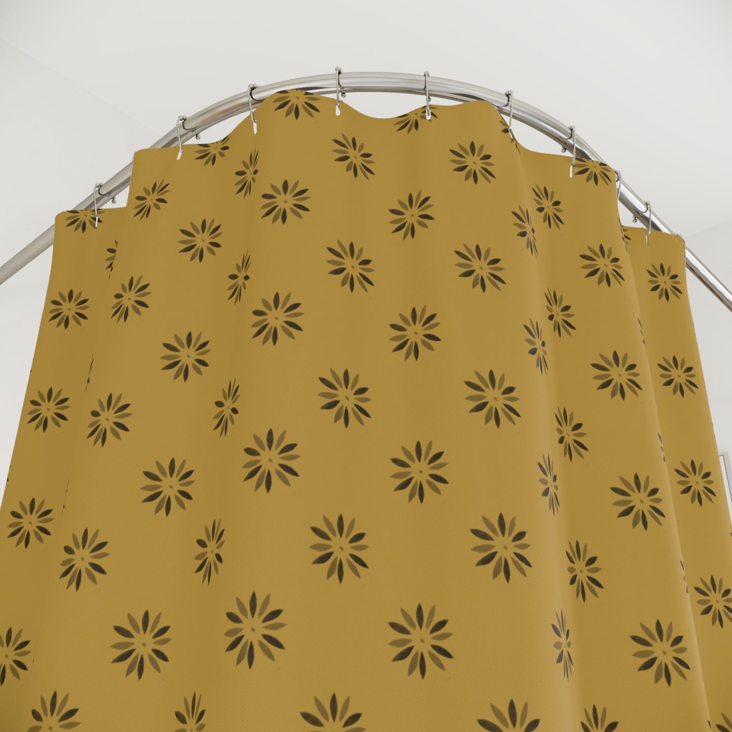 Small Black Daisy Stencil on Mustard Shower Curtains