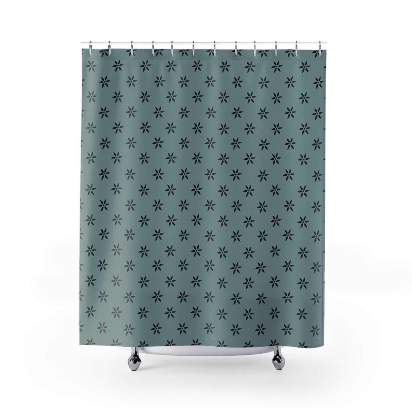 Black Flower Stencil on Ocean Shower Curtains