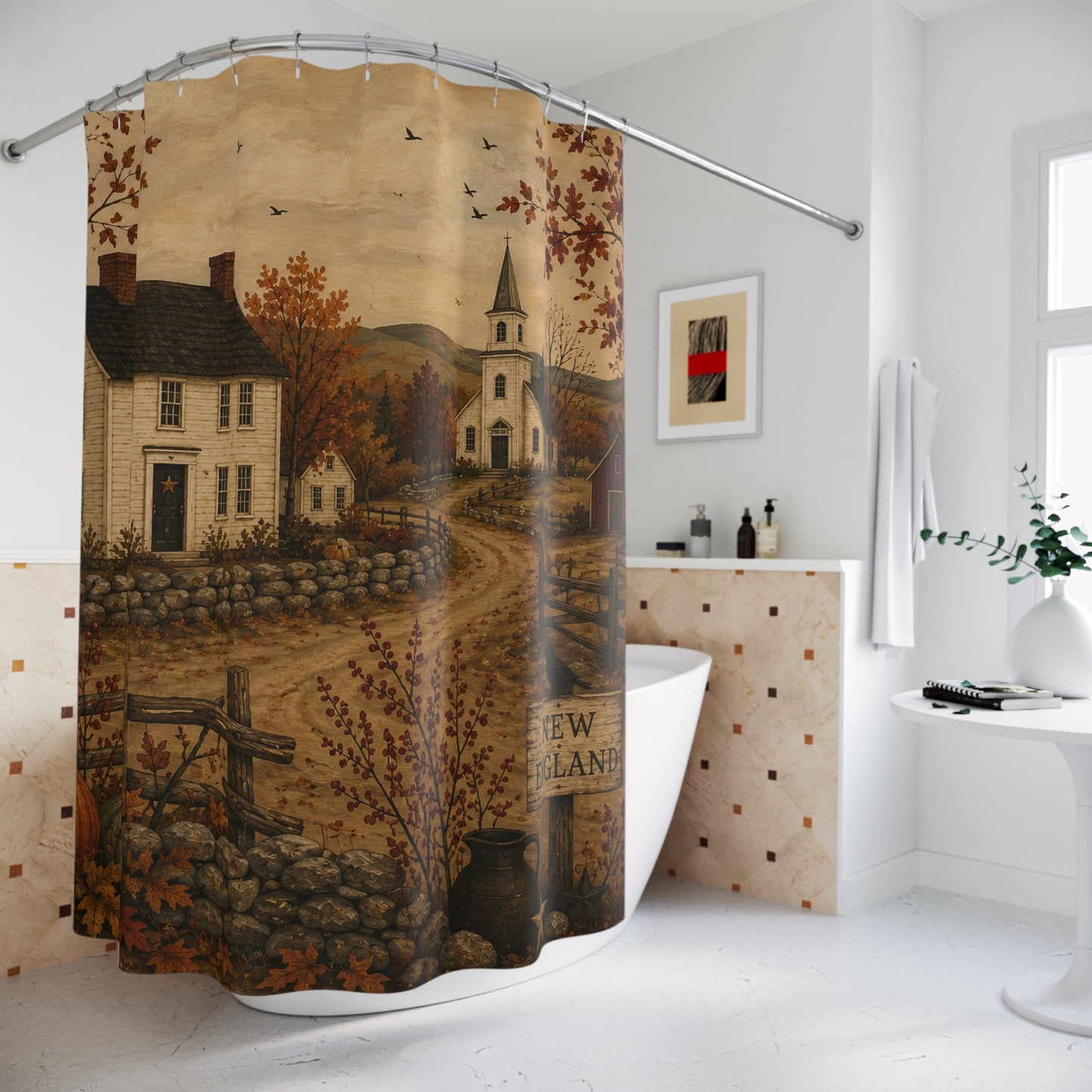 New England Autumn Village Shower Curtain — Rustic Farmhouse Bathroom Decor