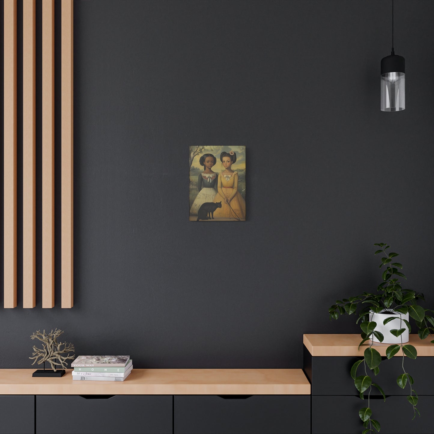 Canvas Wall Art, Timeless Sisters and Black Cat Portrait, Home Decor, Art Gift for Her, Vintage-Inspired Decoration