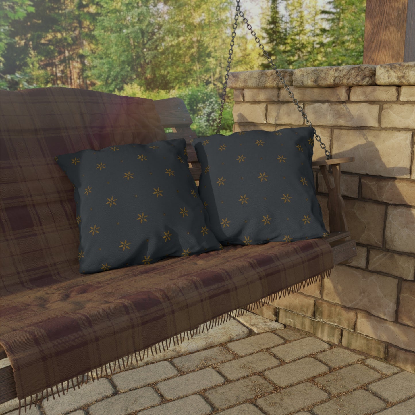 Early American Petal Stencil Mustard on Blue Outdoor Pillows