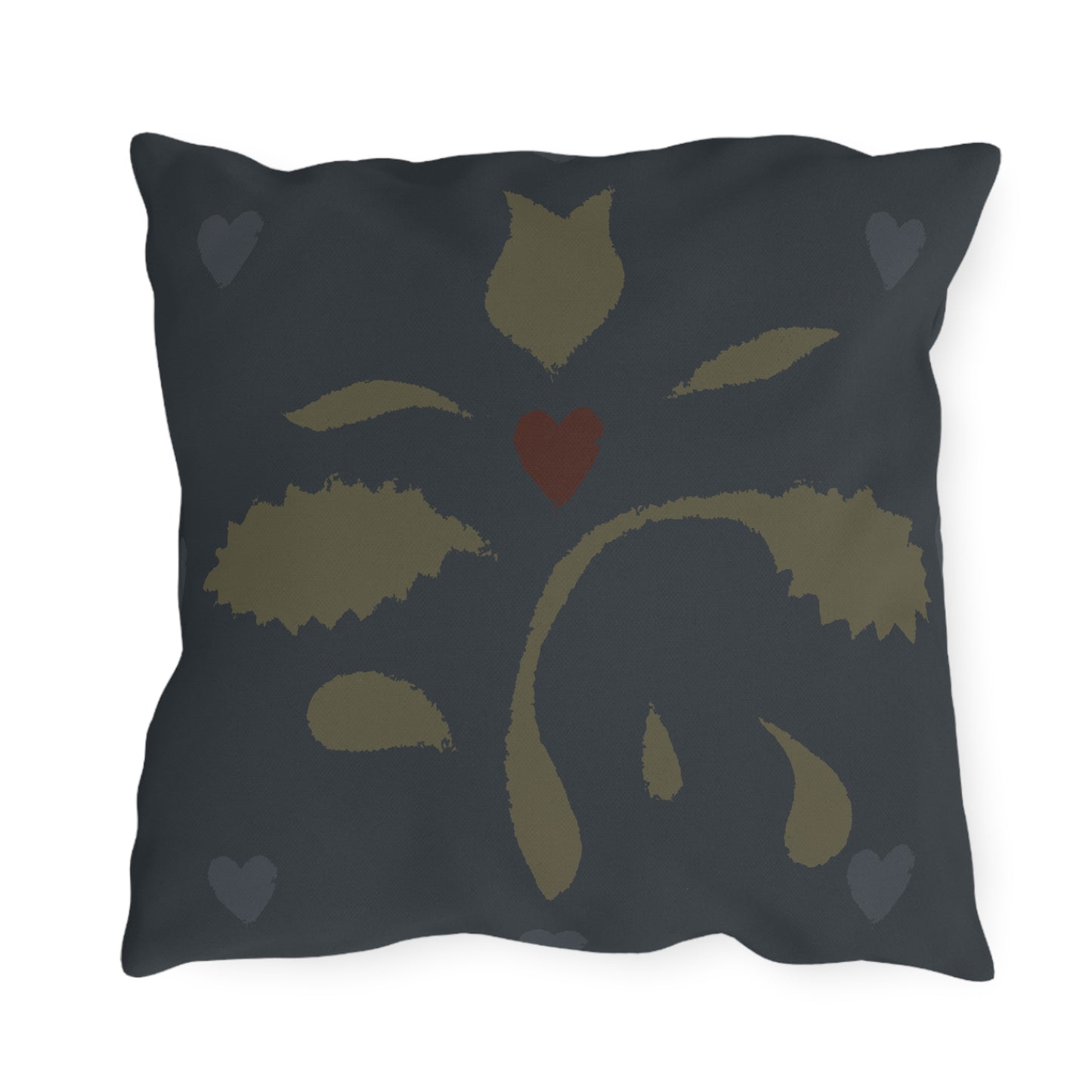 Leaves and Hearts on Blue Early American Stencil Outdoor Pillows