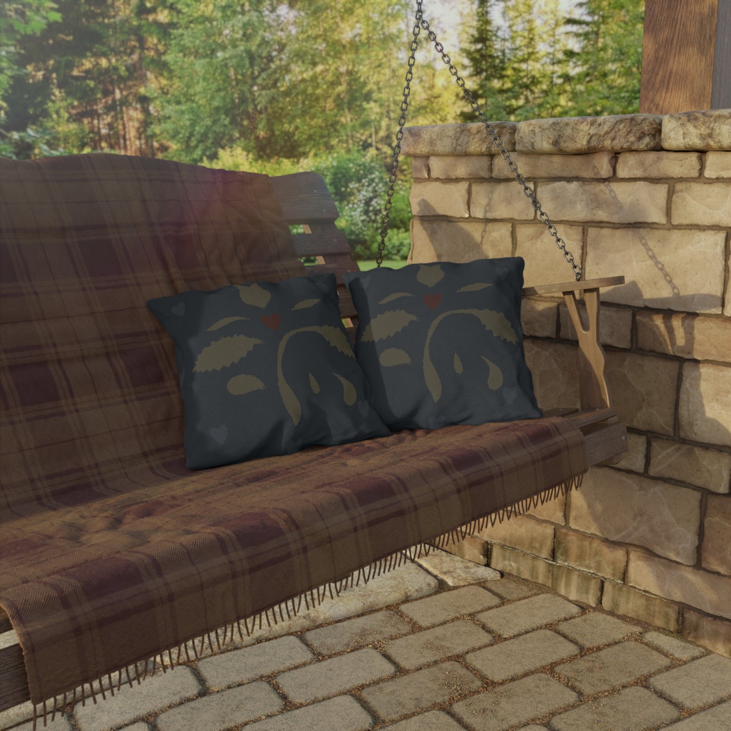 Leaves and Hearts on Blue Early American Stencil Outdoor Pillows