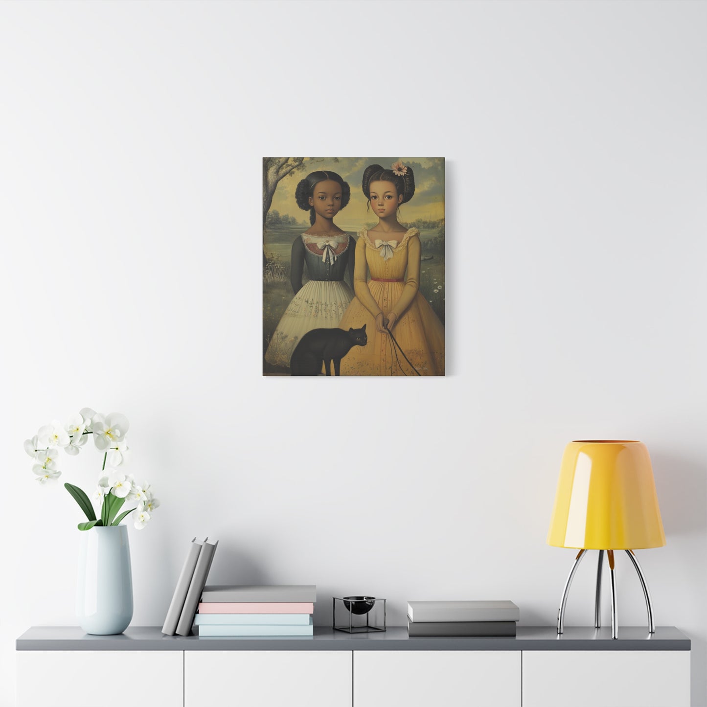Canvas Wall Art, Timeless Sisters and Black Cat Portrait, Home Decor, Art Gift for Her, Vintage-Inspired Decoration