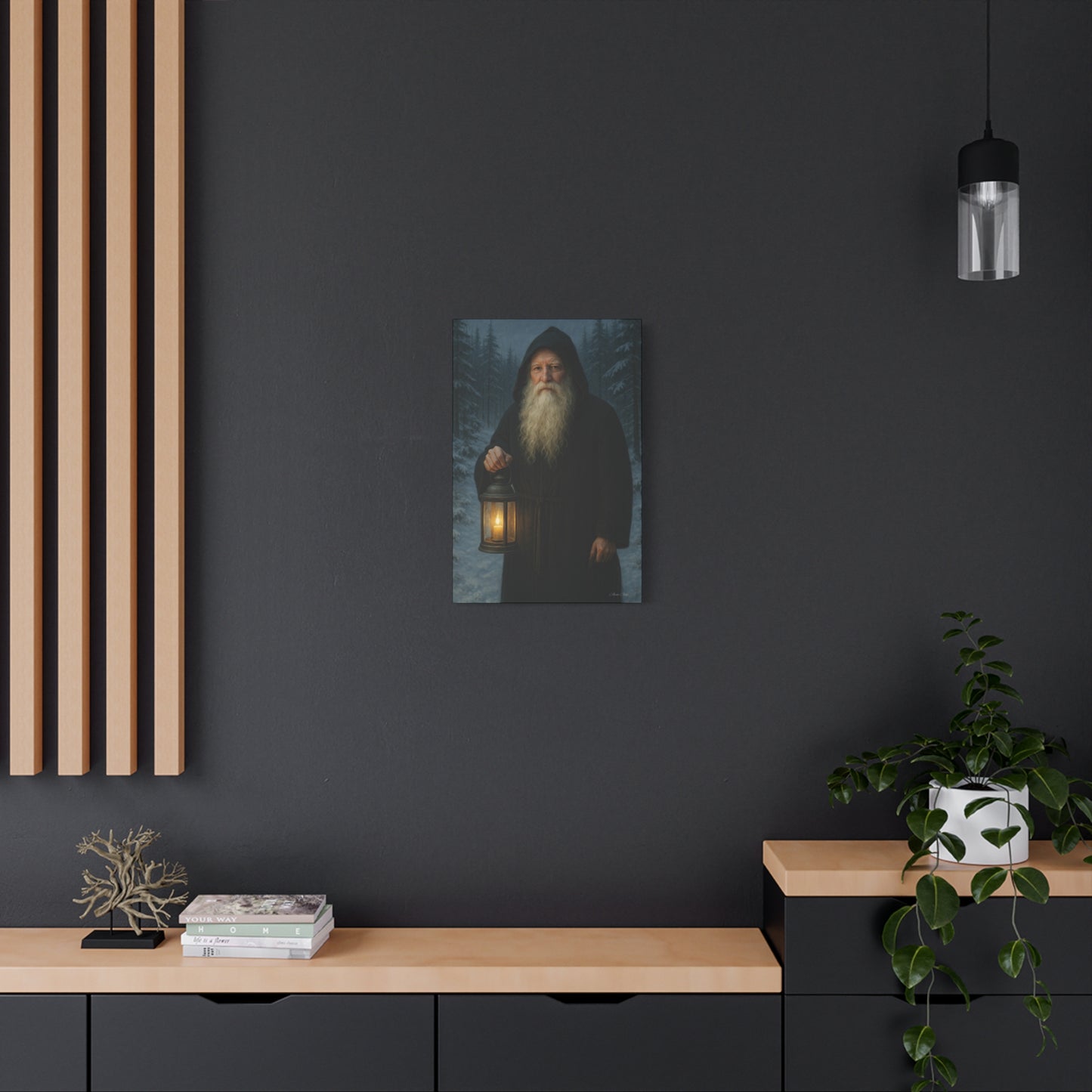 Old World Santa with Lantern Canvas Print, Wall Art, Home Decor, Cabin Vibes, Gift for Him, Rustic Wall Decor, Nature Lover's Gift