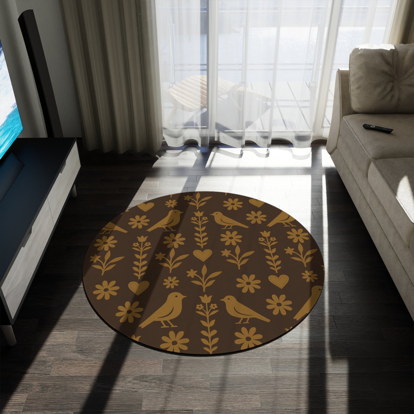 Rustic Round Rug - Boho Decor for Living Room, Bedroom, Floor Mat, Cozy Home, Bird & Floral Design