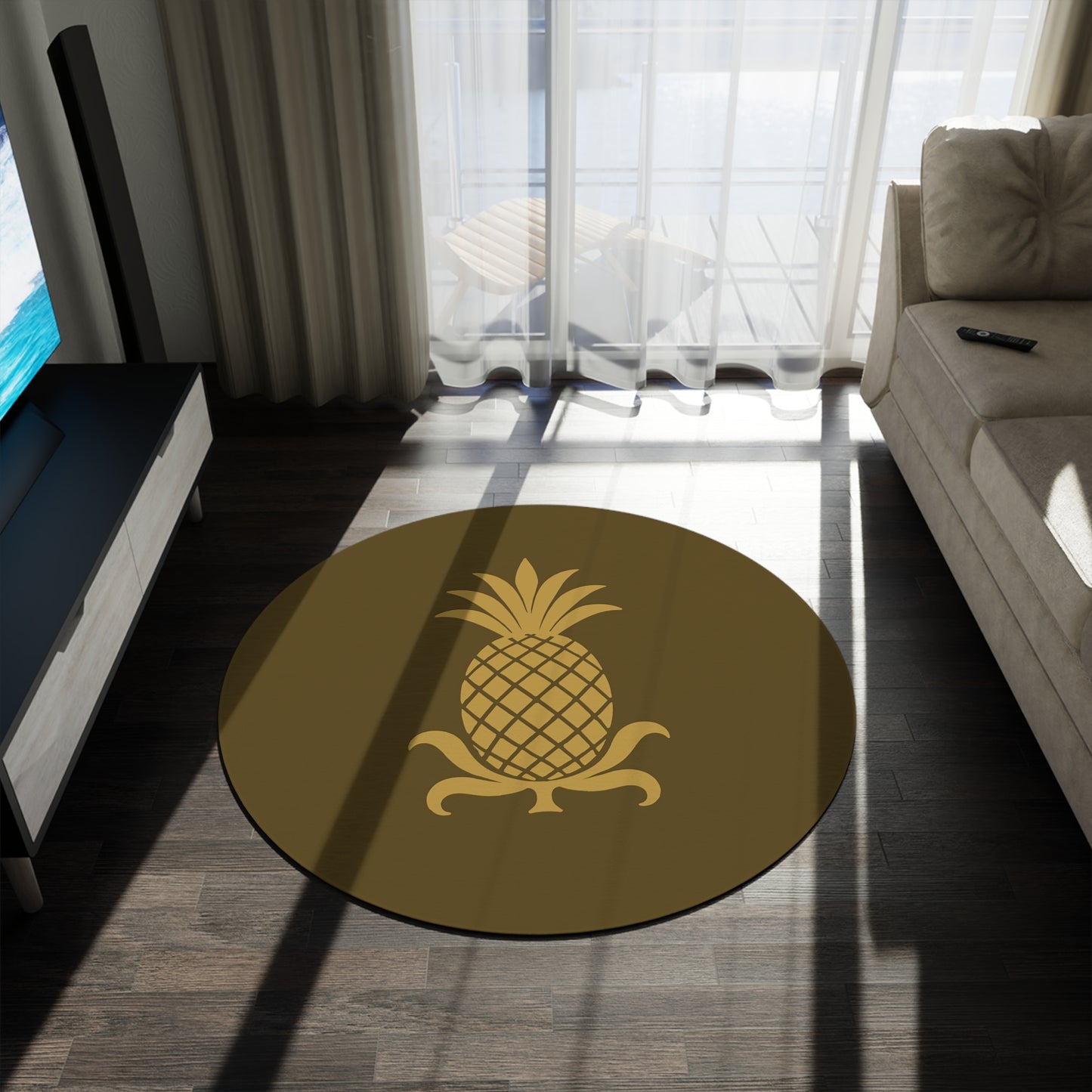 Pineapple Round Rug, Boho Home Décor, Living Room Accent, Tropical Style Mat, Cozy Bedroom Flooring, Beach House Decoration