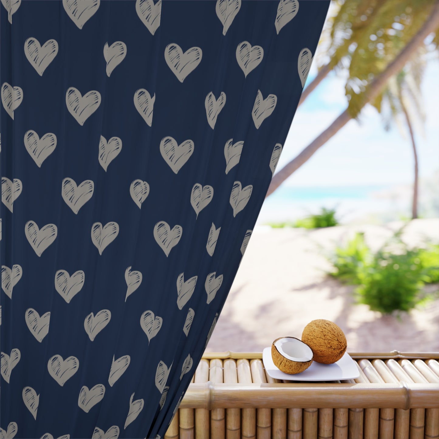 Cream Hearts Stencil on True Blue Window Curtains (1 Piece)