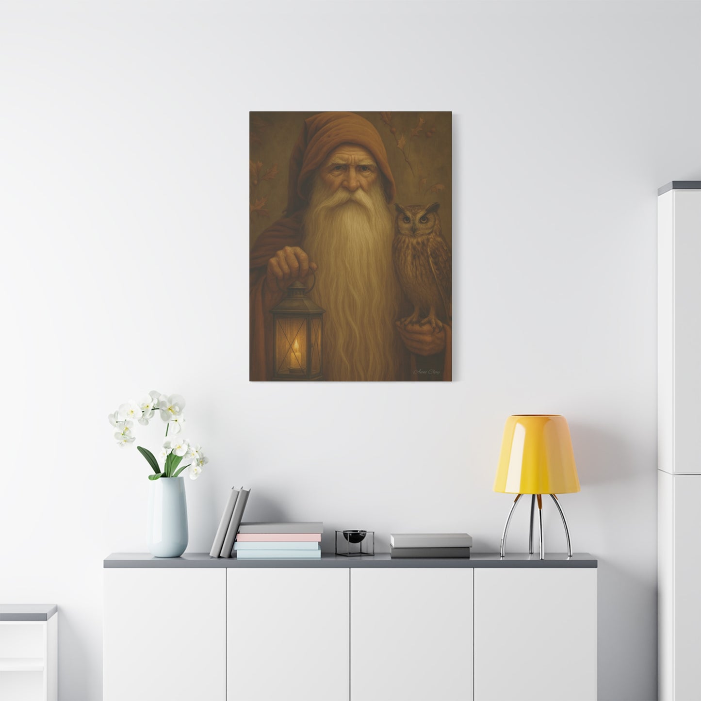 Mystical Canvas Wall Art, Nature Decor, Wizard Artwork, Rustic Home Decor, Owl and Lantern Painting
