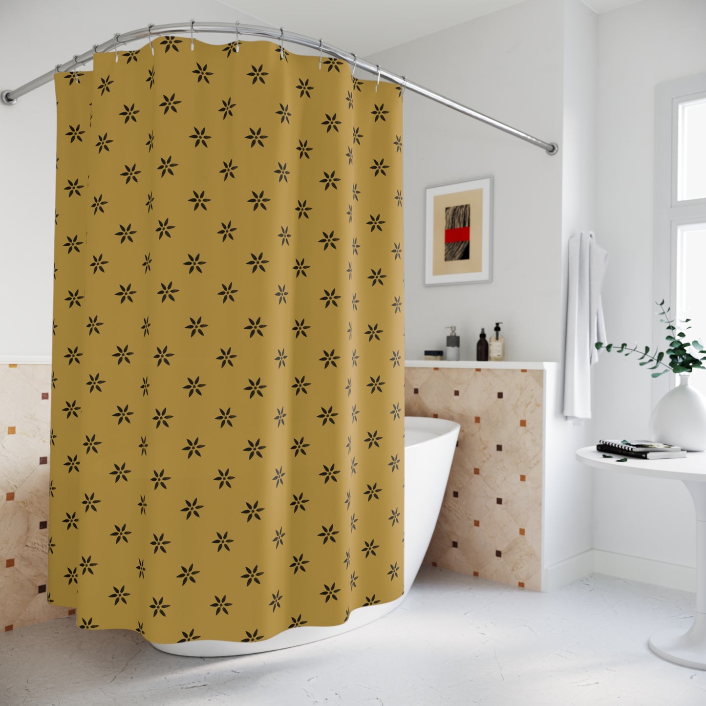 Black on gold stencil. Shower Curtains