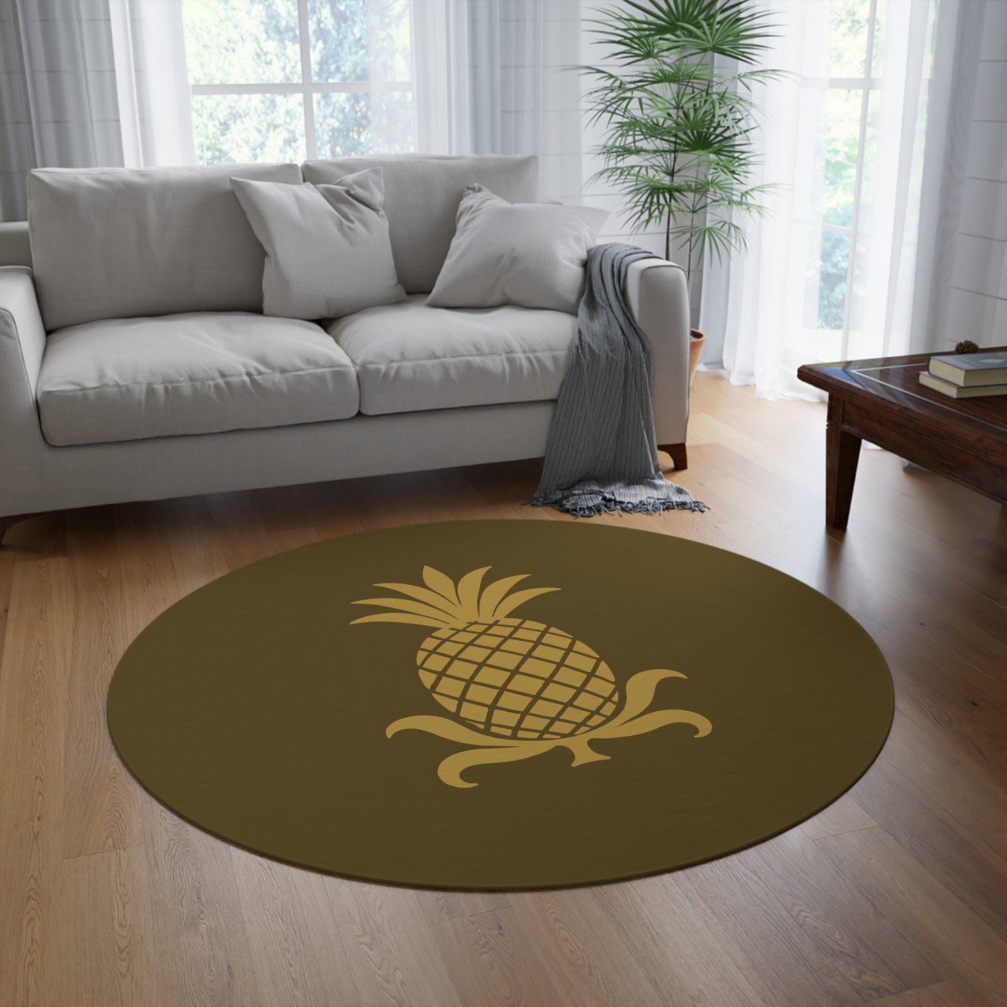 Pineapple Round Rug, Boho Home Décor, Living Room Accent, Tropical Style Mat, Cozy Bedroom Flooring, Beach House Decoration