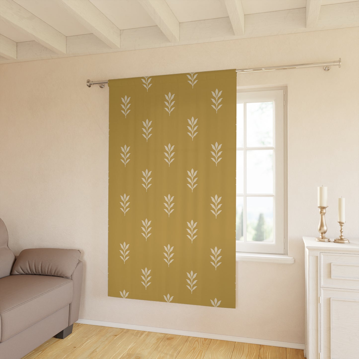 Cream on Mustard Stencil Primitive Window Curtain - Elegant Home Decor, Living Room Accent,