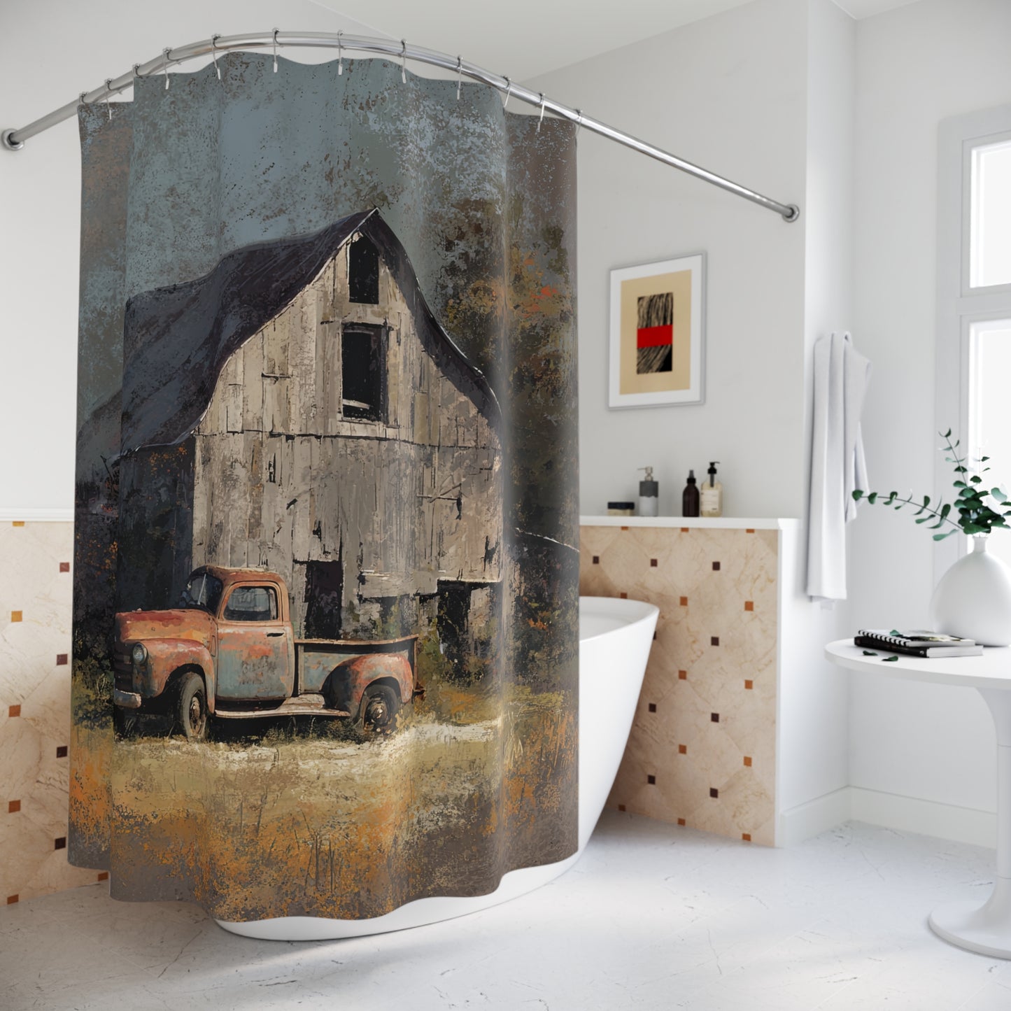 Rustic Barn Shower Curtain, Farmhouse Decor, Vintage Truck Design, Country Style