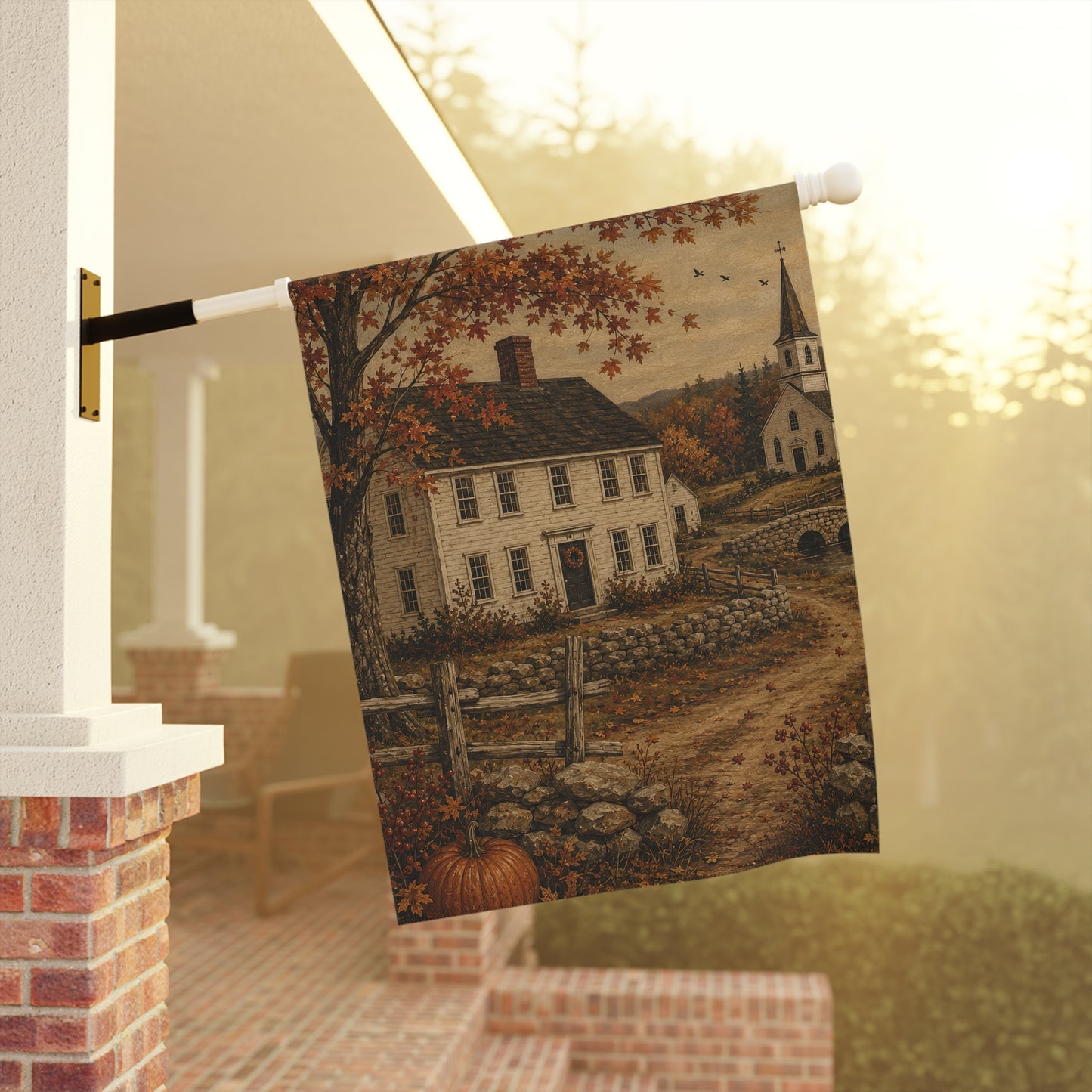 Autumn Country House Garden Flag — Rustic Fall Pumpkin & Church Yard Banner