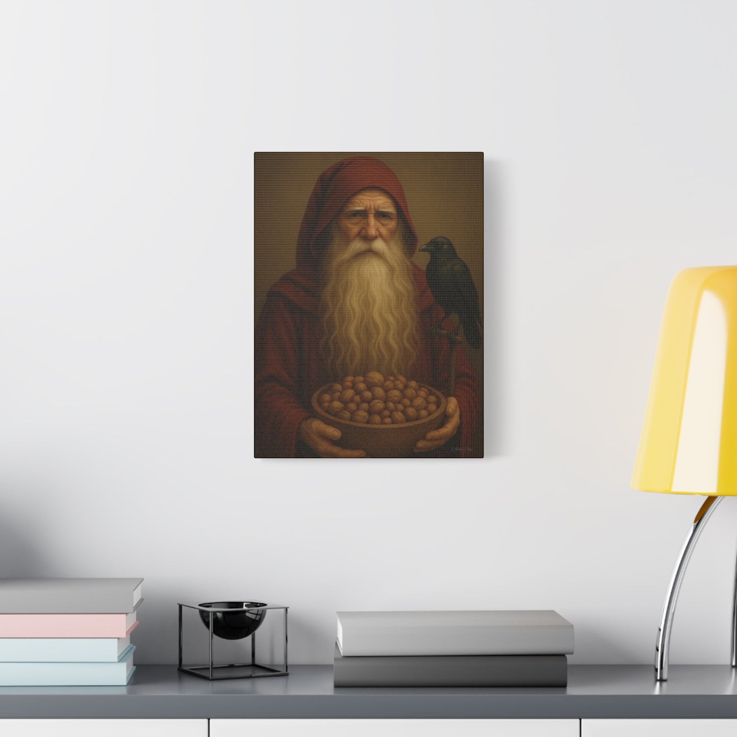 Canvas Wall Art, Old World Santa with Crow and nuts, Home Decor, Gift for Nature Lovers, Primitive Art