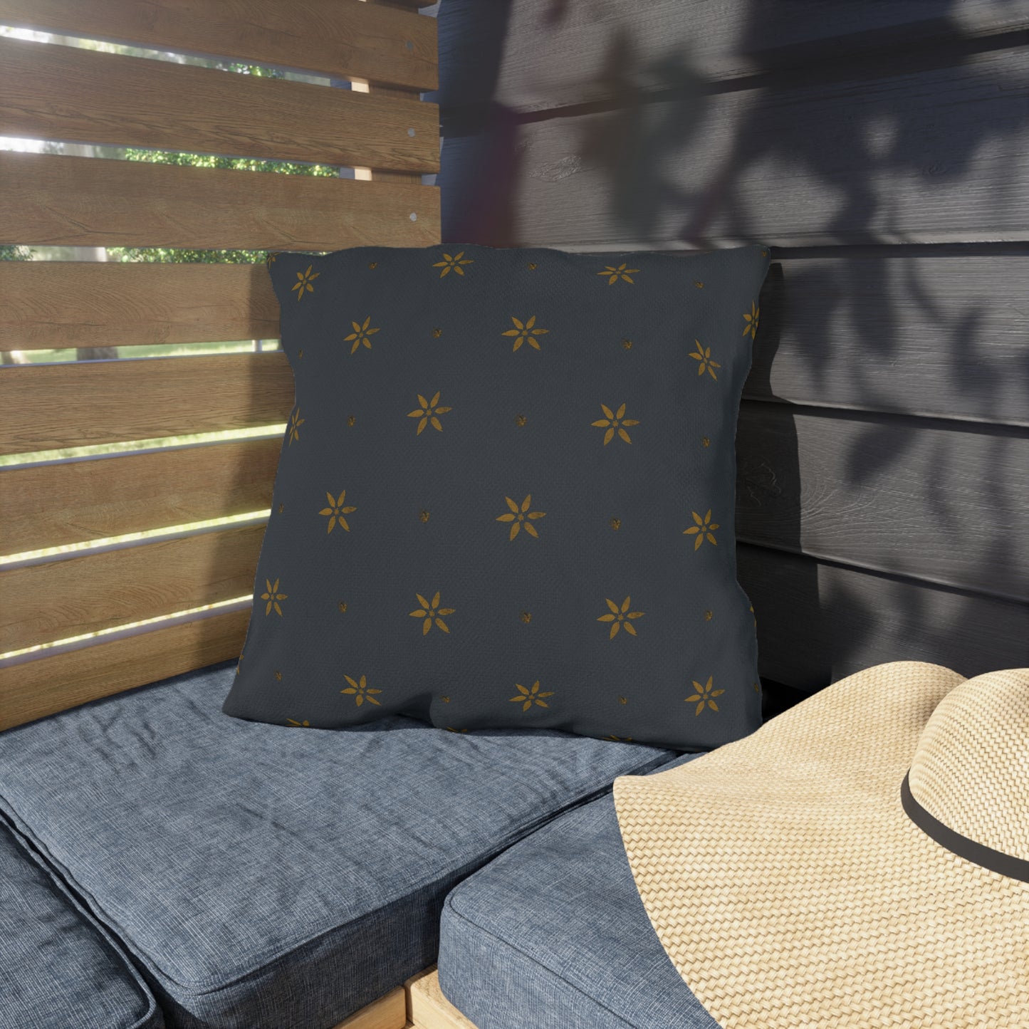 Early American Petal Stencil Mustard on Blue Outdoor Pillows