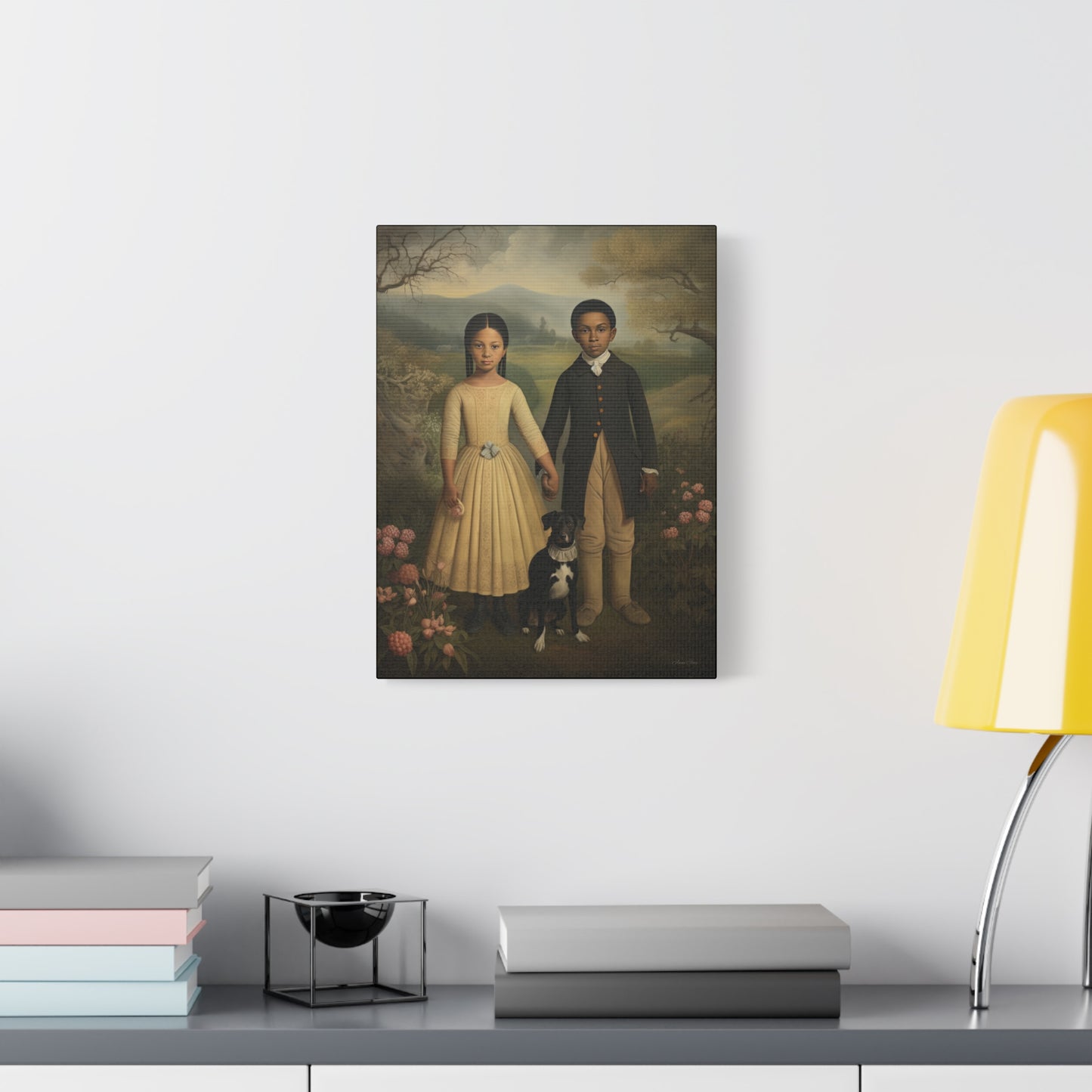 The Twins: Artistic Stretched Canvas Print - Vintage Children and Dog Portrait