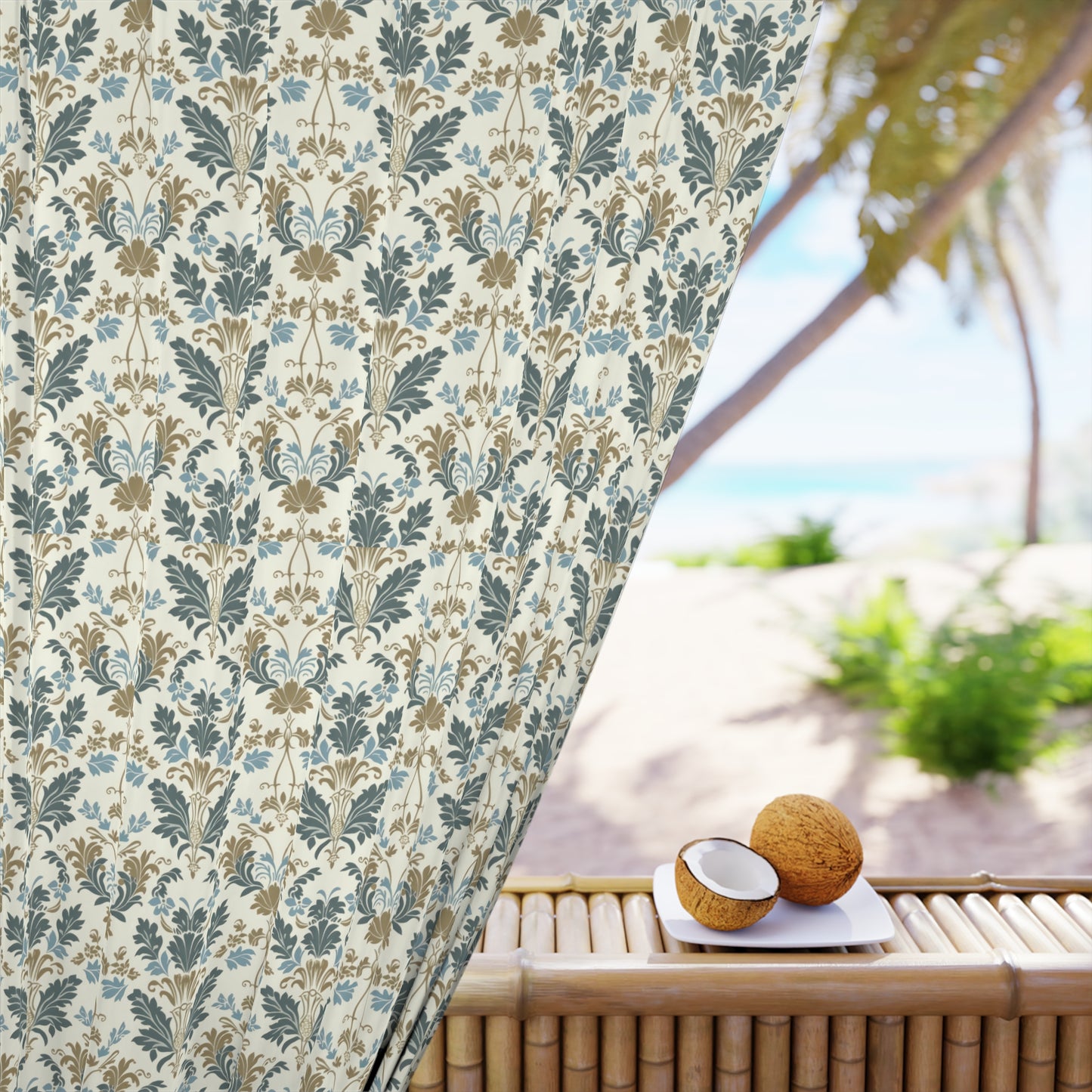 Blue and Tan Damask Window Curtains (1 Piece)