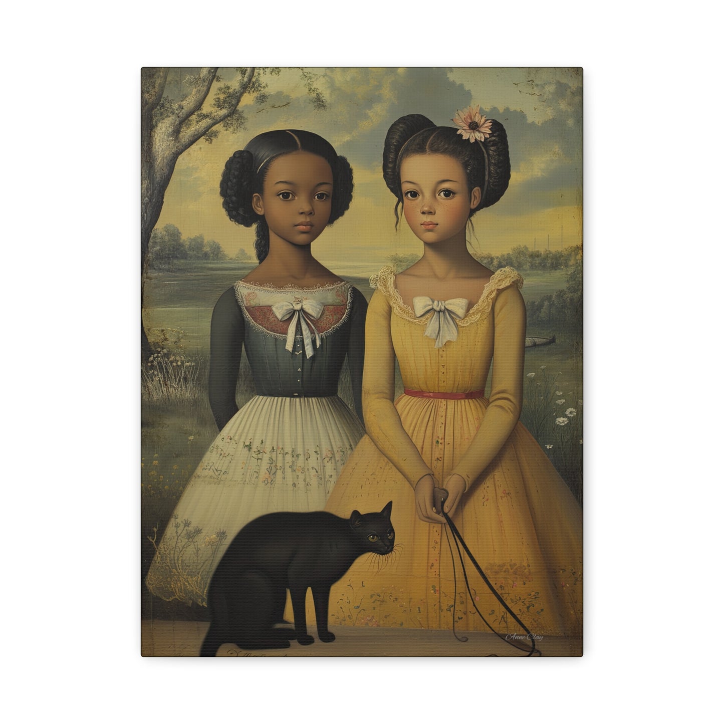 Canvas Wall Art, Timeless Sisters and Black Cat Portrait, Home Decor, Art Gift for Her, Vintage-Inspired Decoration