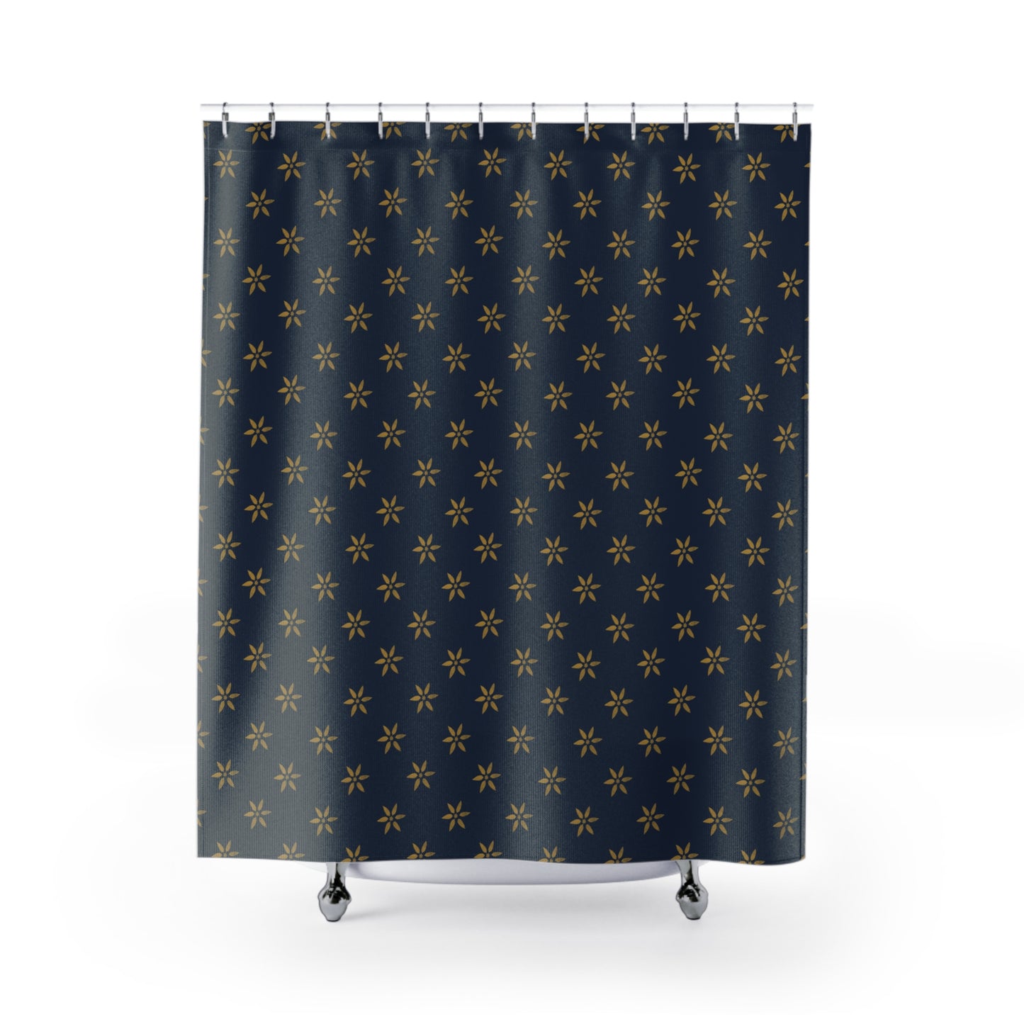 Mustard Yellow on True Blue Flower Stencil Shower Curtains